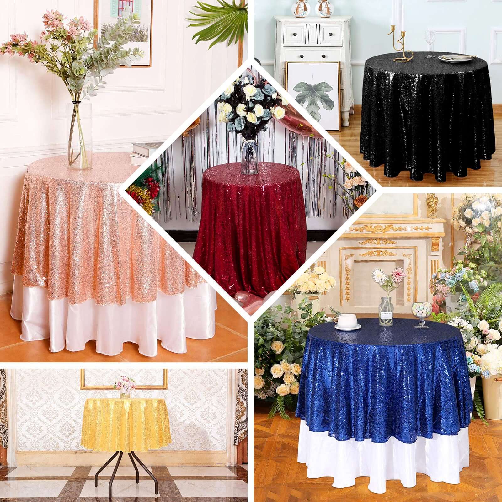Burgundy Sequin Round Tablecloth 90" - Image 4
