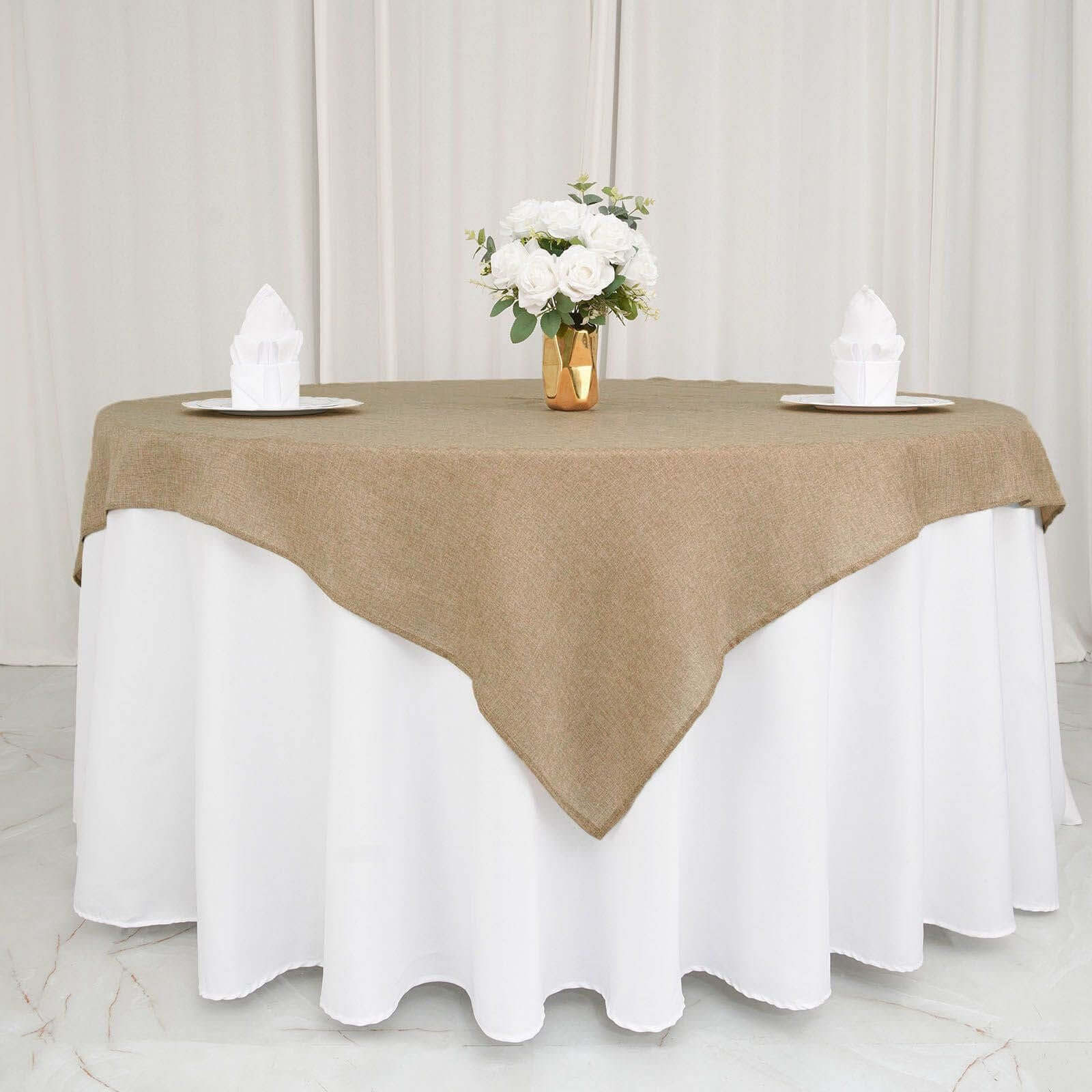 Burlap Faux Jute Table Overlay 72"x72" Natural with Boho Chic Design - Perfect for Rustic Events - Image 2