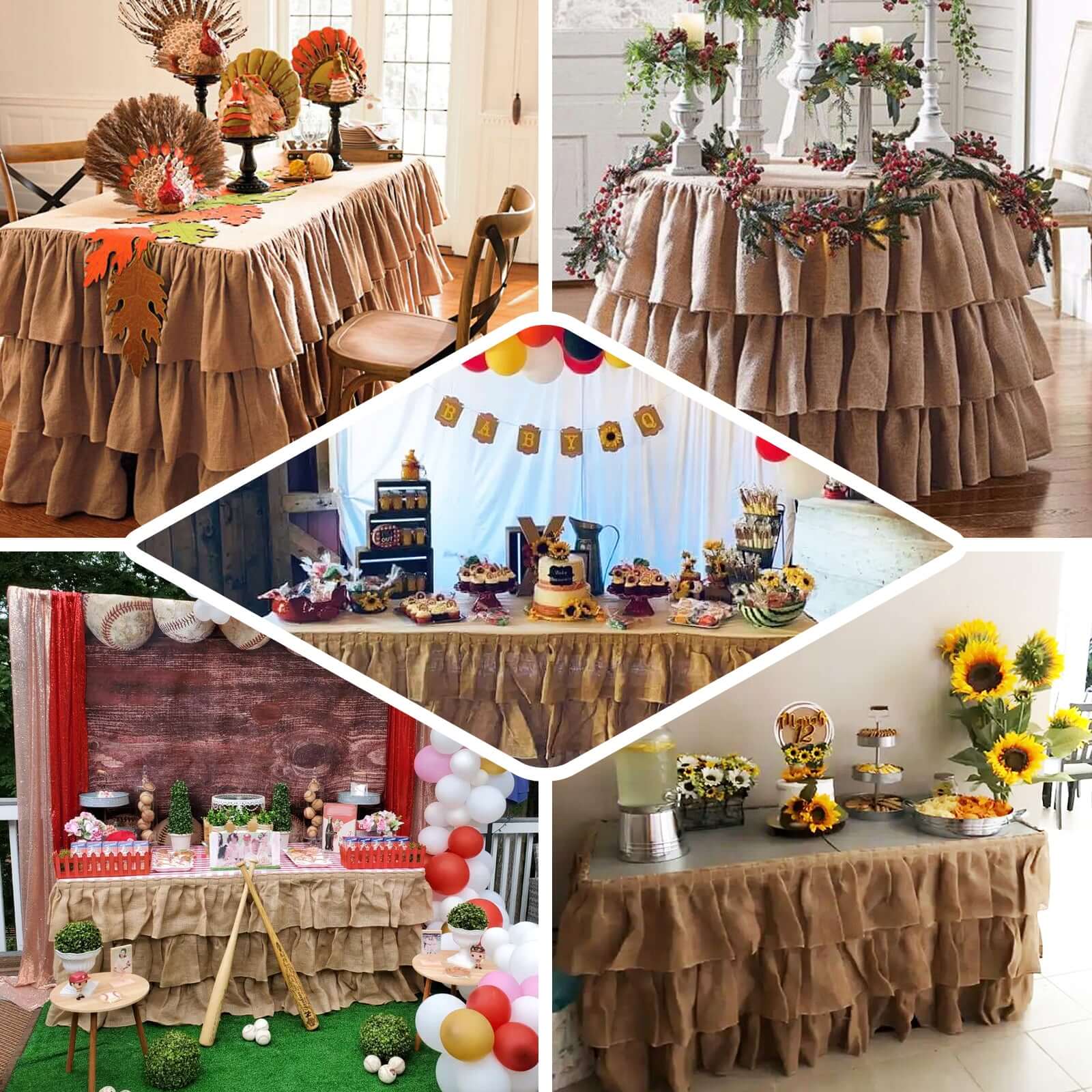 Burlap Table Skirt 14ft Natural 3 Tier Ruffled Design for Rustic Weddings & Country Events - Image 5