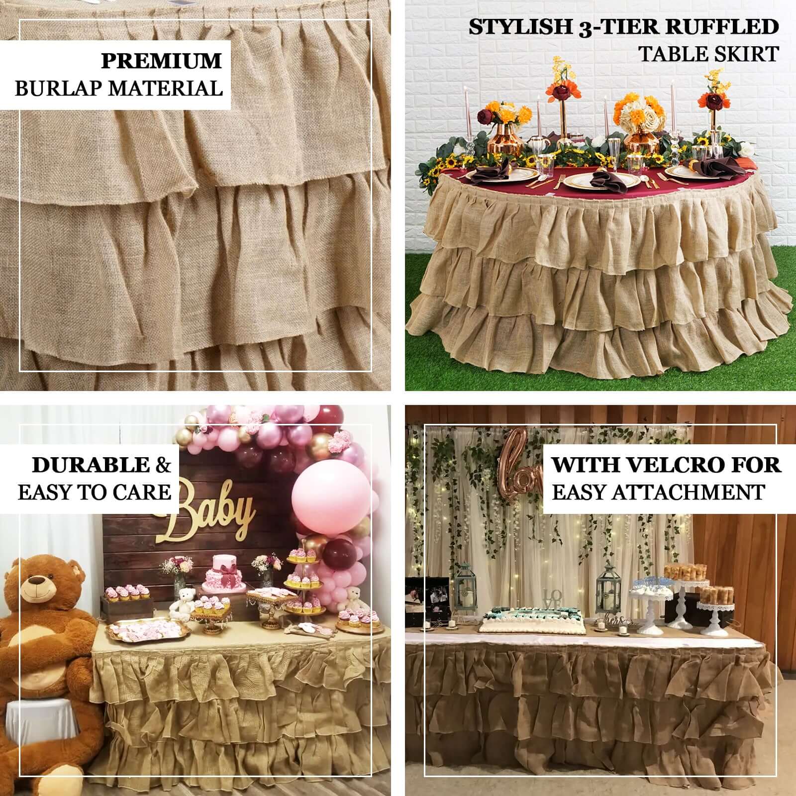 Burlap Table Skirt 17ft Natural 3 Tier Ruffled Design for Rustic Weddings & Country Events - Image 4