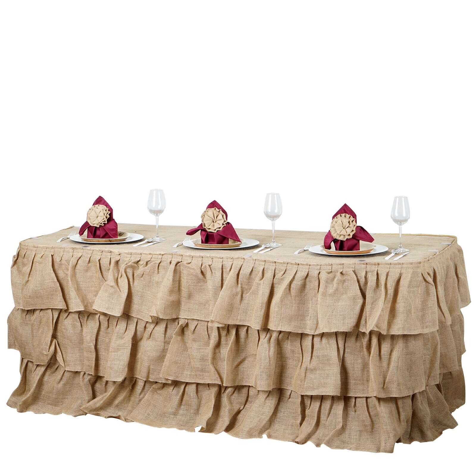Burlap Table Skirt 21ft Natural 3 Tier Ruffled Design for Rustic Weddings & Country Events - Image 3