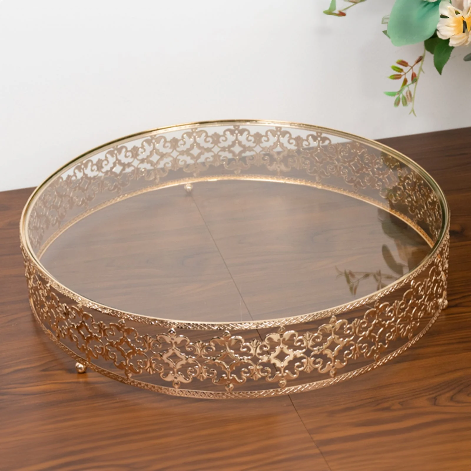 Cake Stand in Gold Baroque Ornate with Glass Top, Round Dessert Display Tray - 18" - Image 2