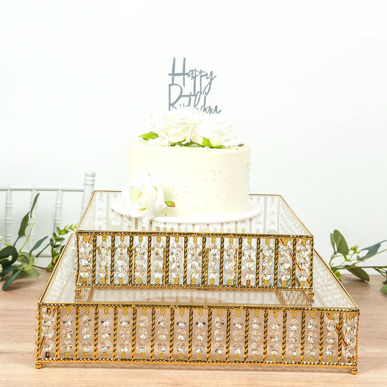 Square Crystal Cake Stand with Hanging Beads and Glass Top – 18" Gold Metal Dessert Display Tray - Image 2