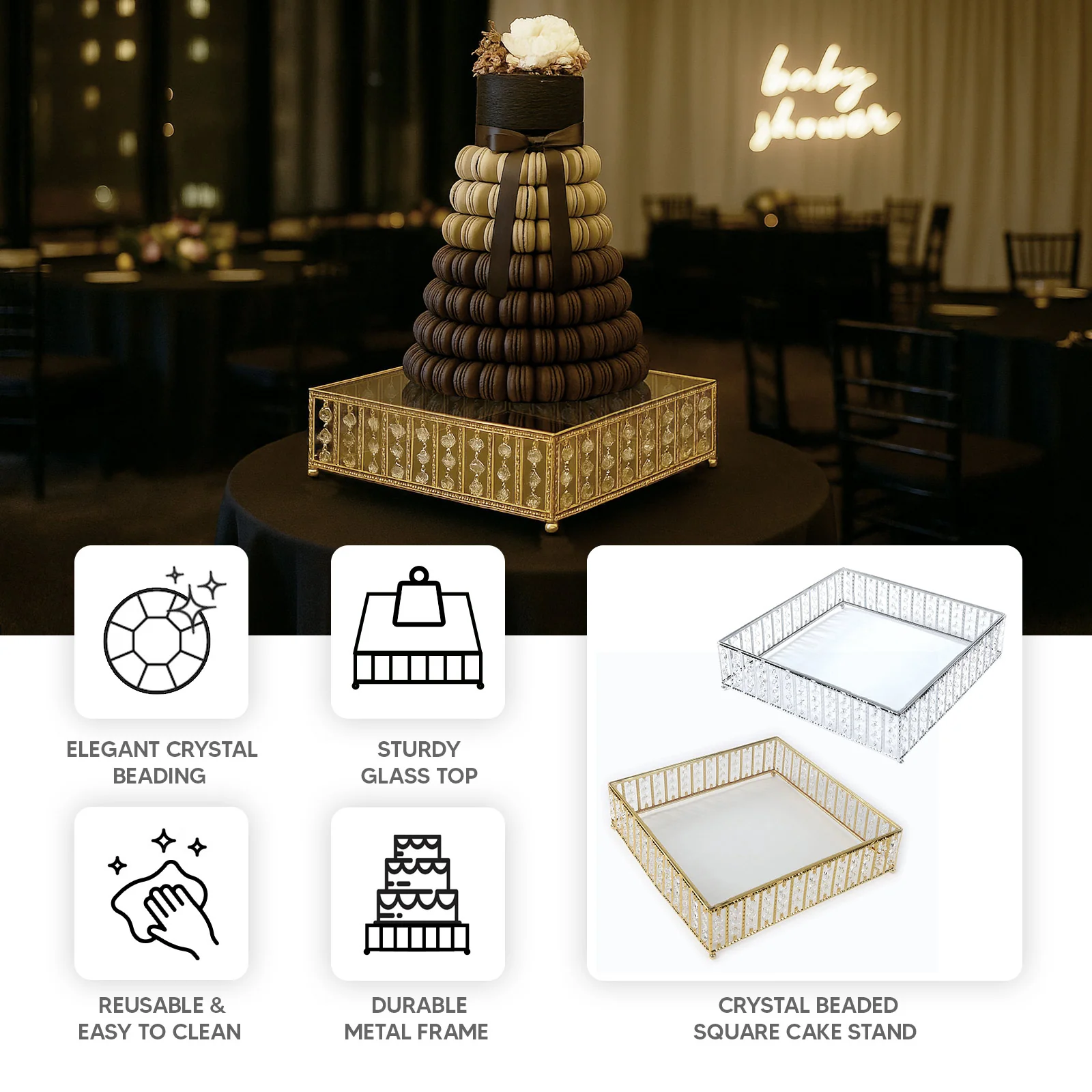Square Crystal Cake Stand with Hanging Beads and Glass Top – 18" Gold Metal Dessert Display Tray - Image 5