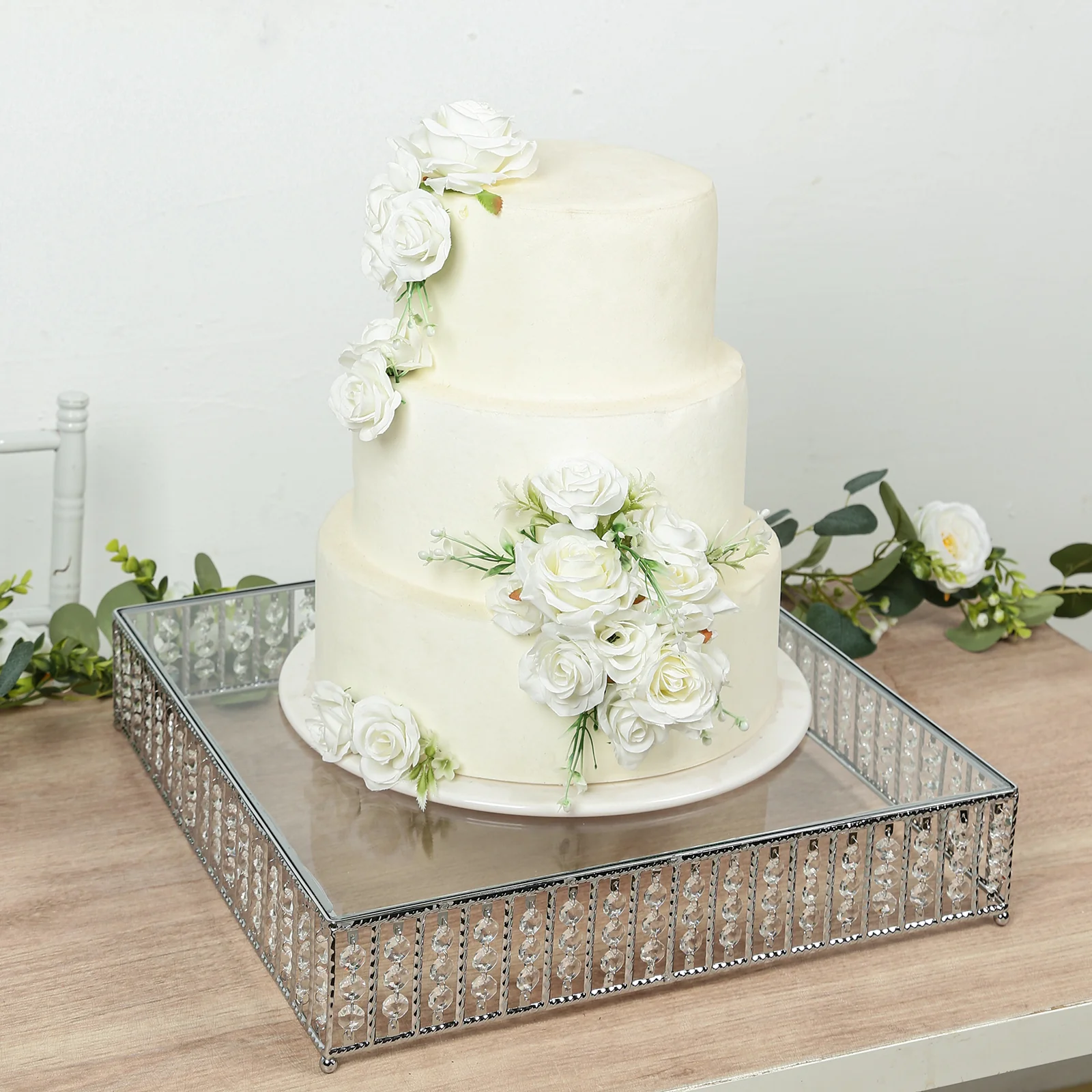 Square Crystal Cake Stand with Hanging Beads and Glass Top – 18" Silver Metal Dessert Display Tray