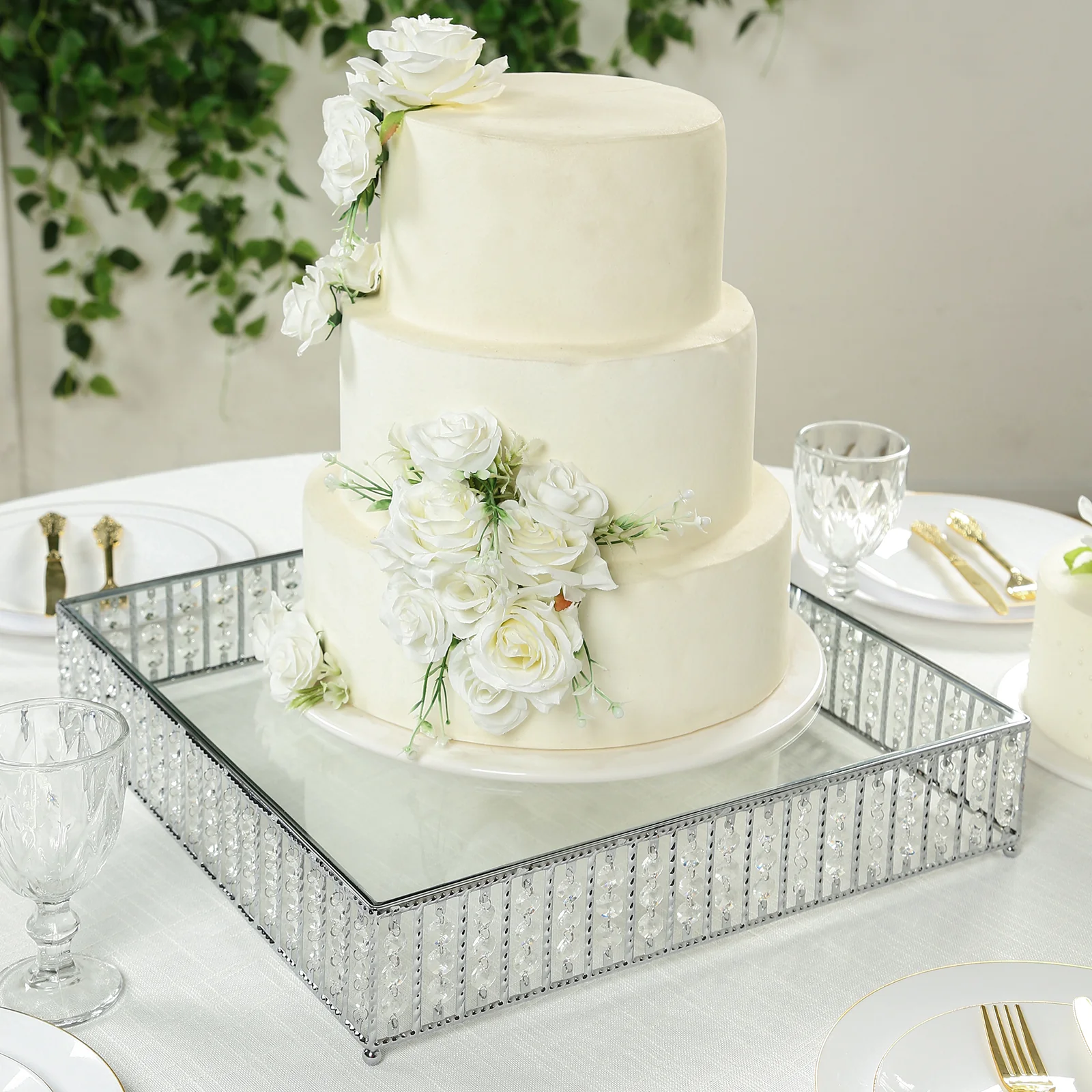 Square Crystal Cake Stand with Hanging Beads and Glass Top – 18" Silver Metal Dessert Display Tray - Image 2