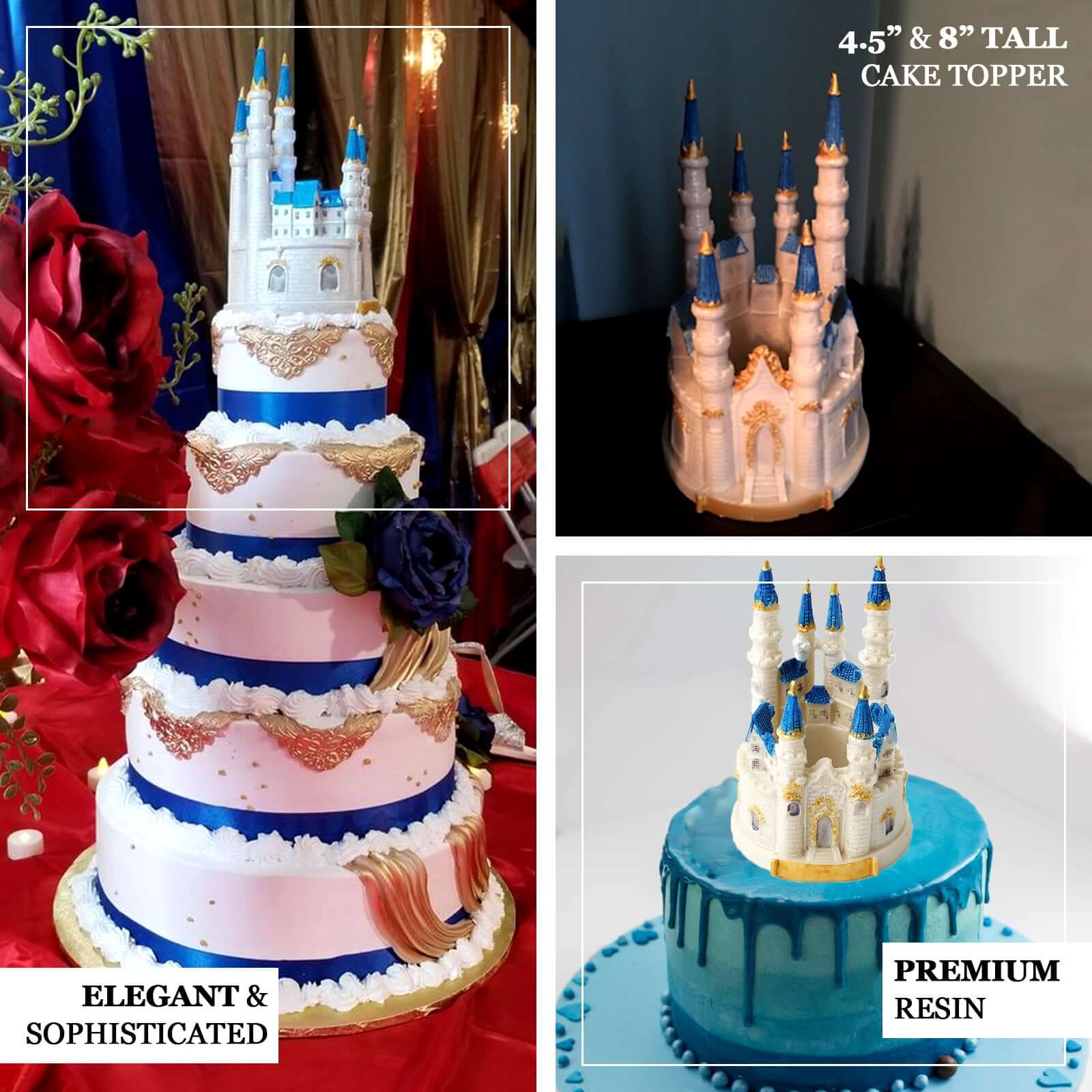 Cake Topper Figurine 8.5" Fairytale Princess Castle Design Blue and White - Baby Shower Party Decorations - Image 3
