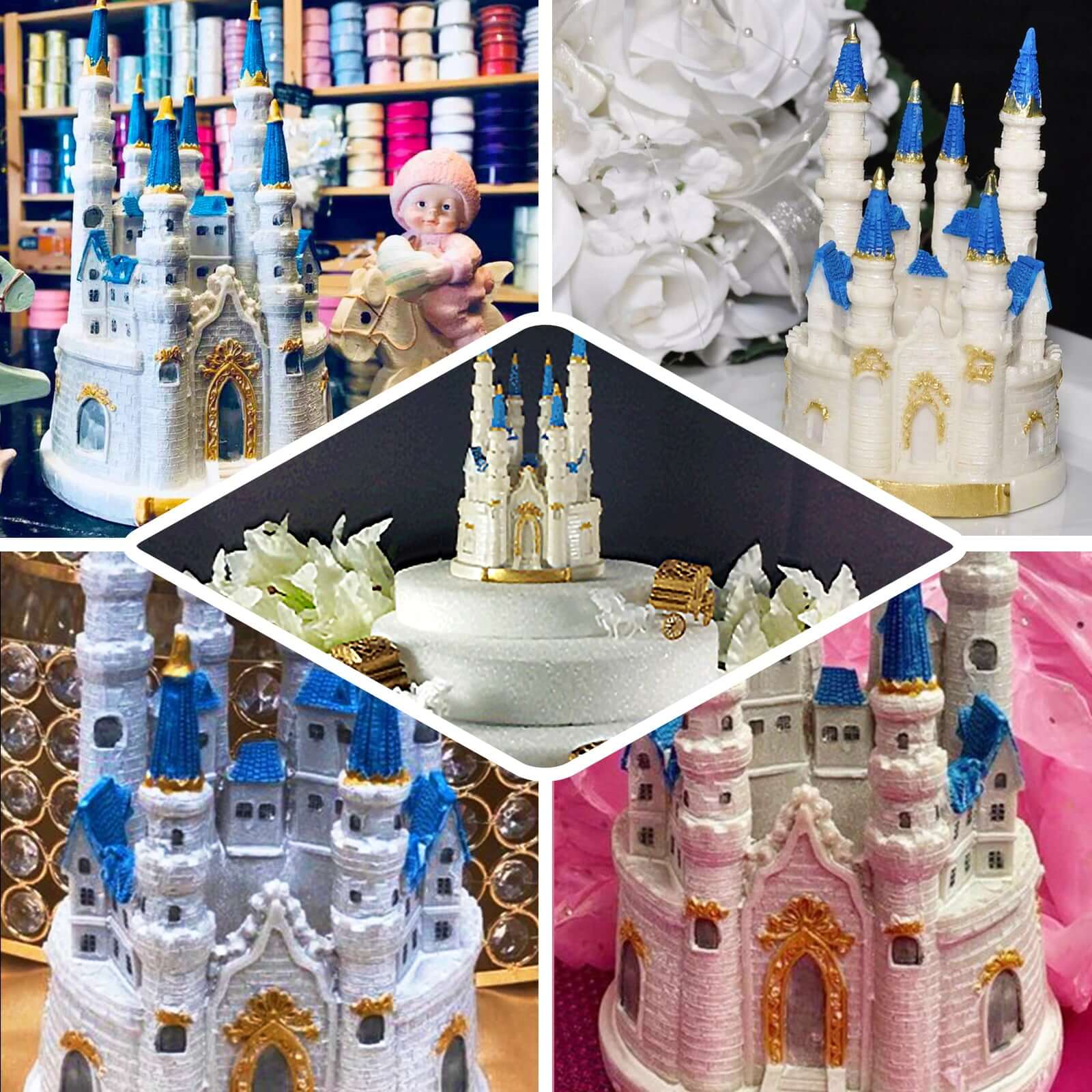 Cake Topper Figurine 8.5" Fairytale Princess Castle Design Blue and White - Baby Shower Party Decorations - Image 4