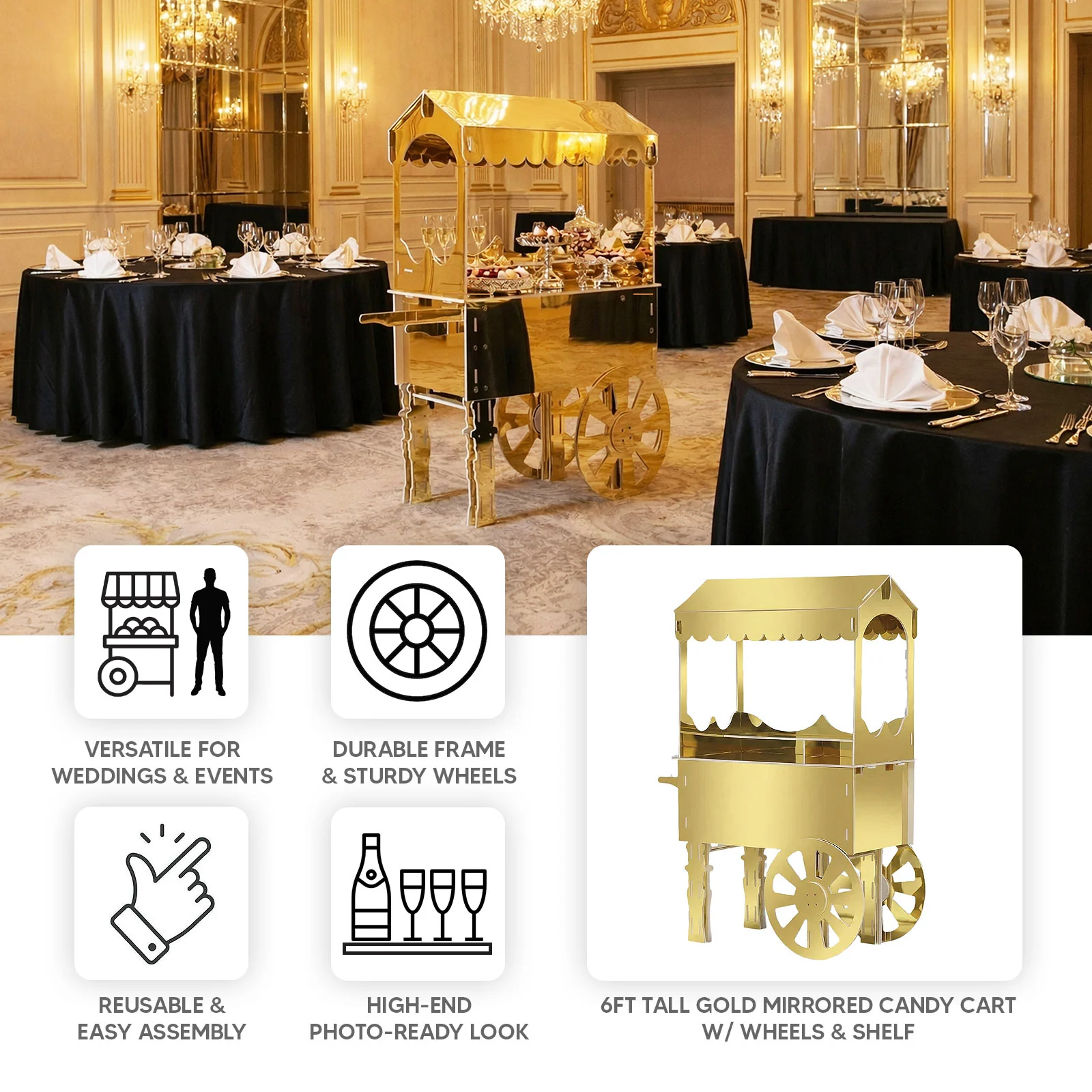 6ft Candy Cart Gold Mirrored Display Stand with Wheels and Shelf, Dessert Cart for Event Decor - Image 4