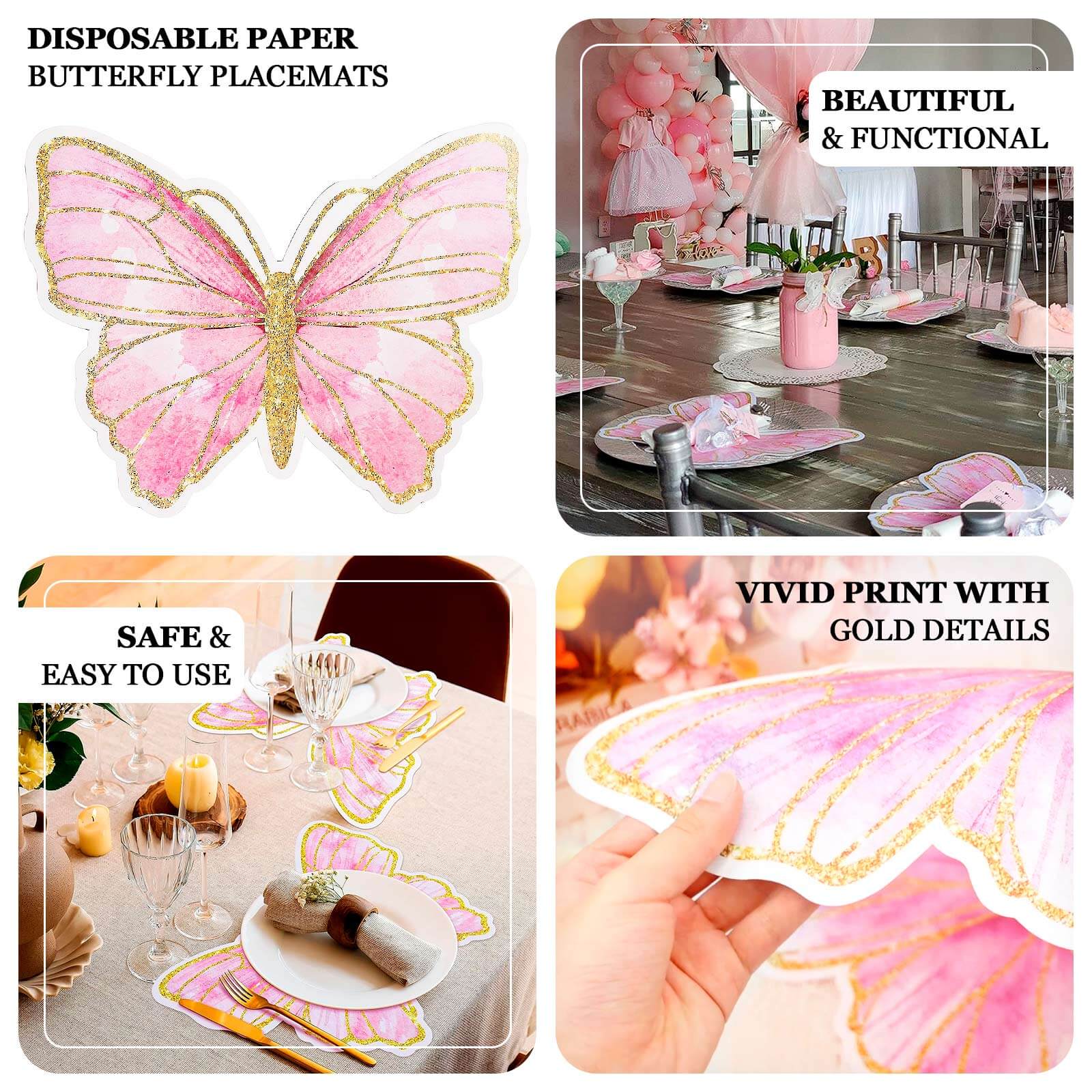 10-Pack Disposable Table Placemats 14" Pink Butterfly Design with Gold Glitters - 400GSM Cardboard Placemats - Image 4