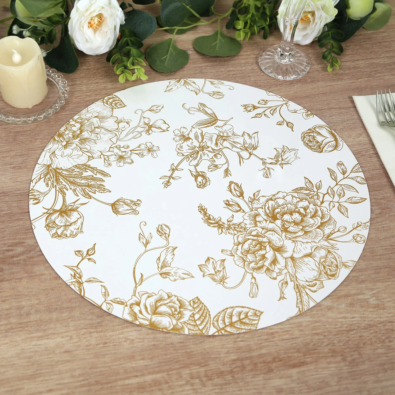 6-Pack Disposable Table Placemats in French Toile Print 13" in White/Gold - Classy Cardboard Placemats for Dinner Parties & Banquets - Image 10
