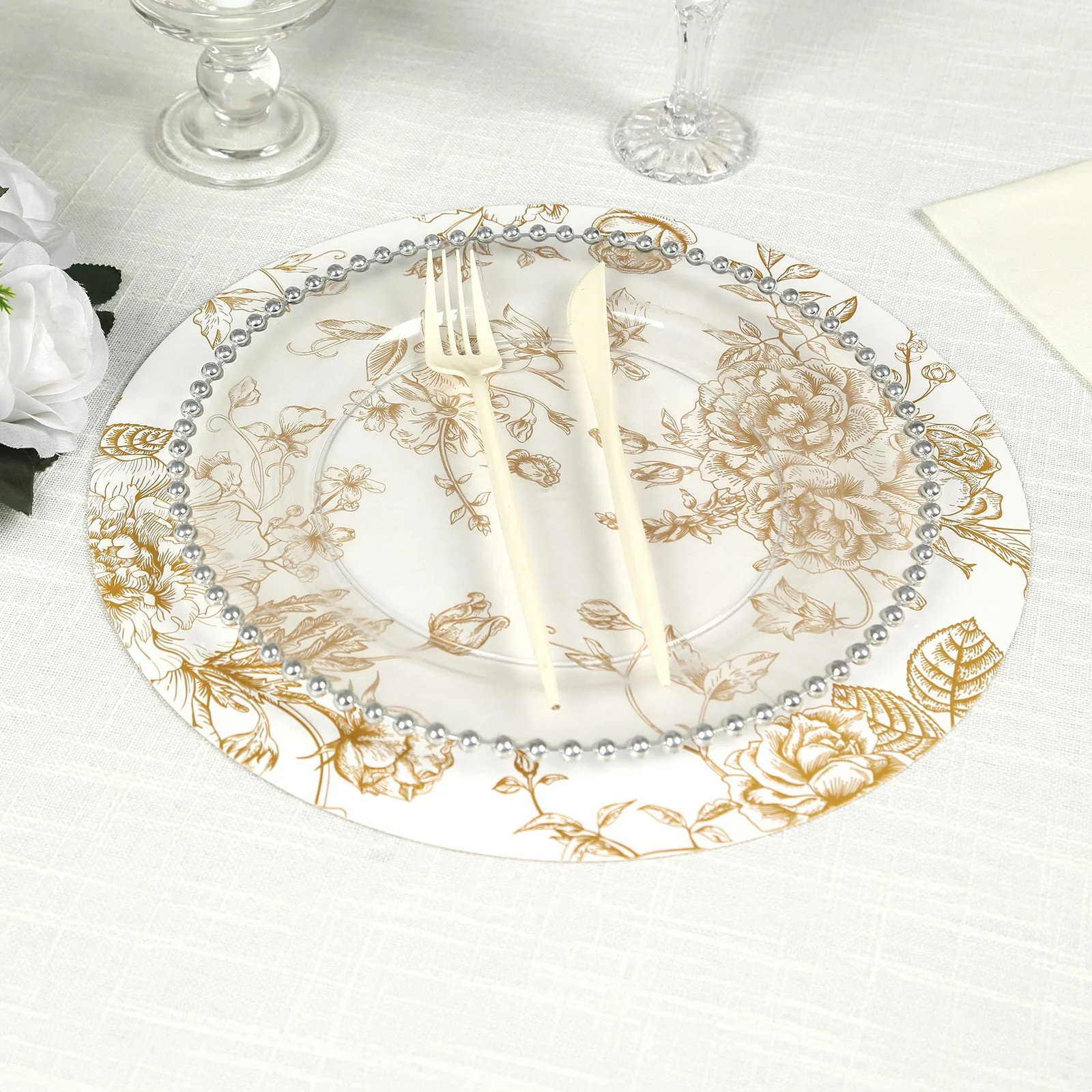 6-Pack Disposable Table Placemats in French Toile Print 13" in White/Gold - Classy Cardboard Placemats for Dinner Parties & Banquets - Image 6