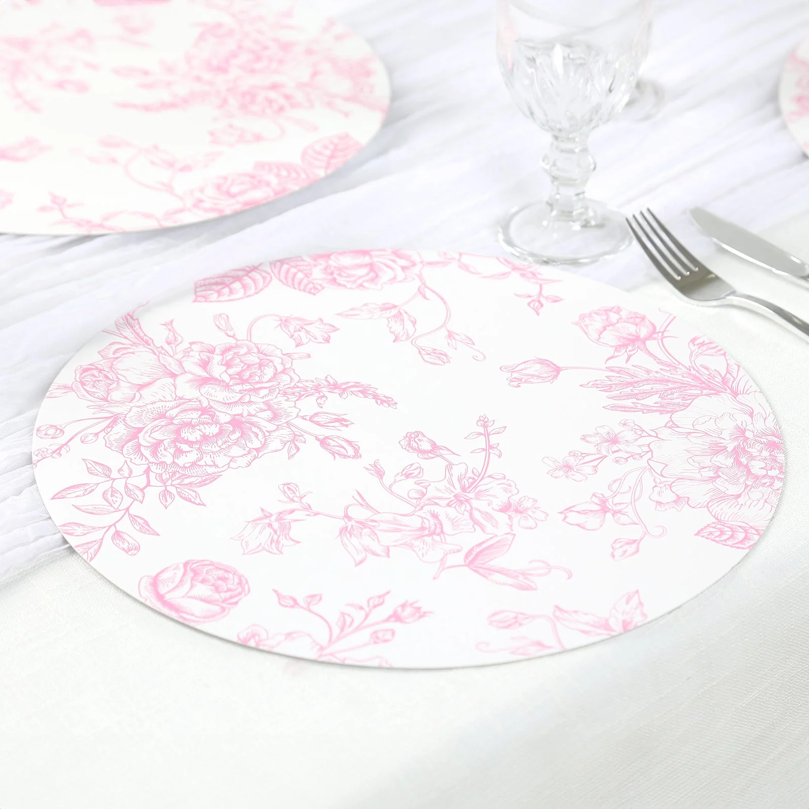 10-Pack Disposable Table Placemats in French Toile Print 13" in White/Matte Pink - Classy Cardboard Placemats for Dinner Parties & Banquets - Image 10