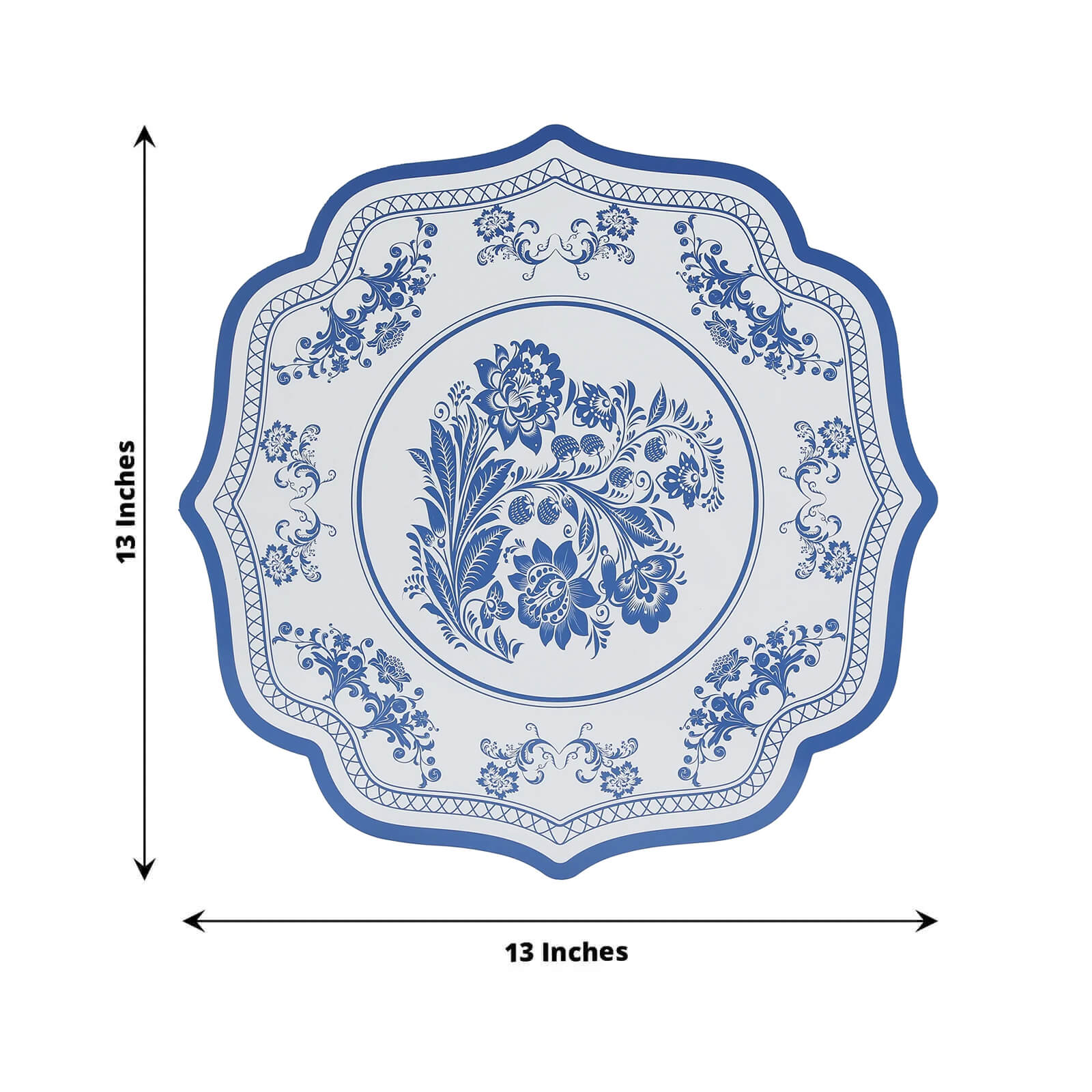 10-Pack Disposable Table Placemats 13" White with Blue Damask Floral Pattern & Scalloped Rim - 400GSM Cardboard Placemats for Classy Events - Image 2
