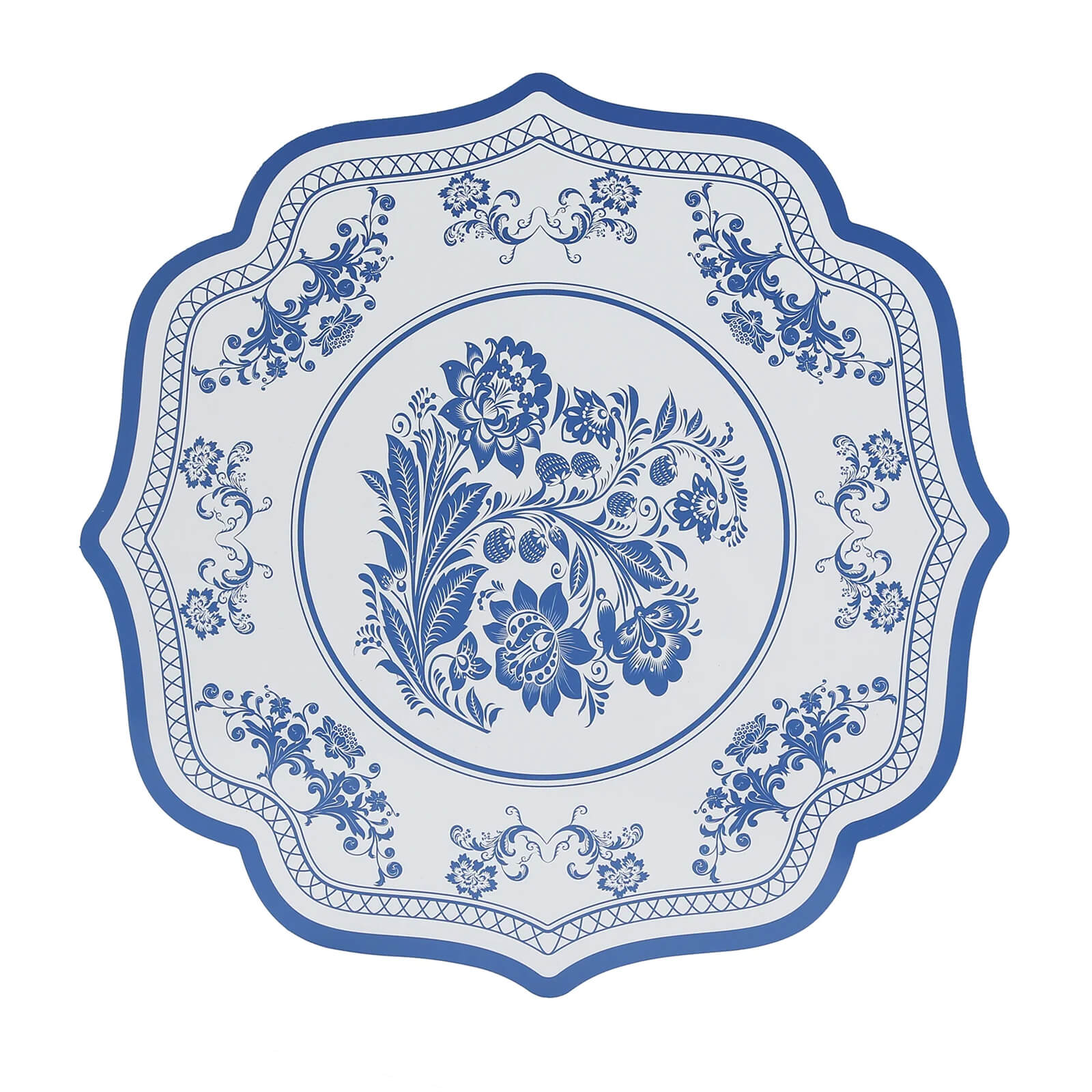 10-Pack Disposable Table Placemats 13" White with Blue Damask Floral Pattern & Scalloped Rim - 400GSM Cardboard Placemats for Classy Events - Image 6