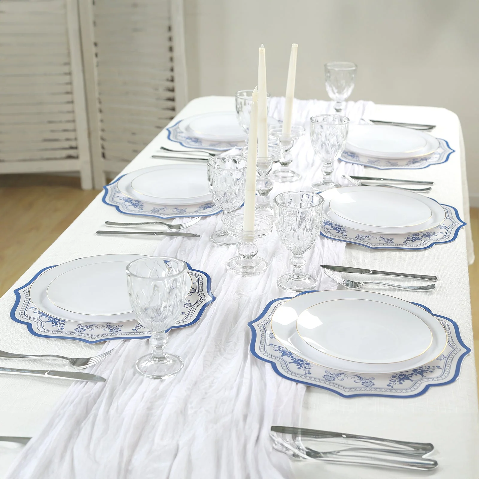10-Pack Disposable Table Placemats 13" White with Blue Damask Floral Pattern & Scalloped Rim - 400GSM Cardboard Placemats for Classy Events - Image 8
