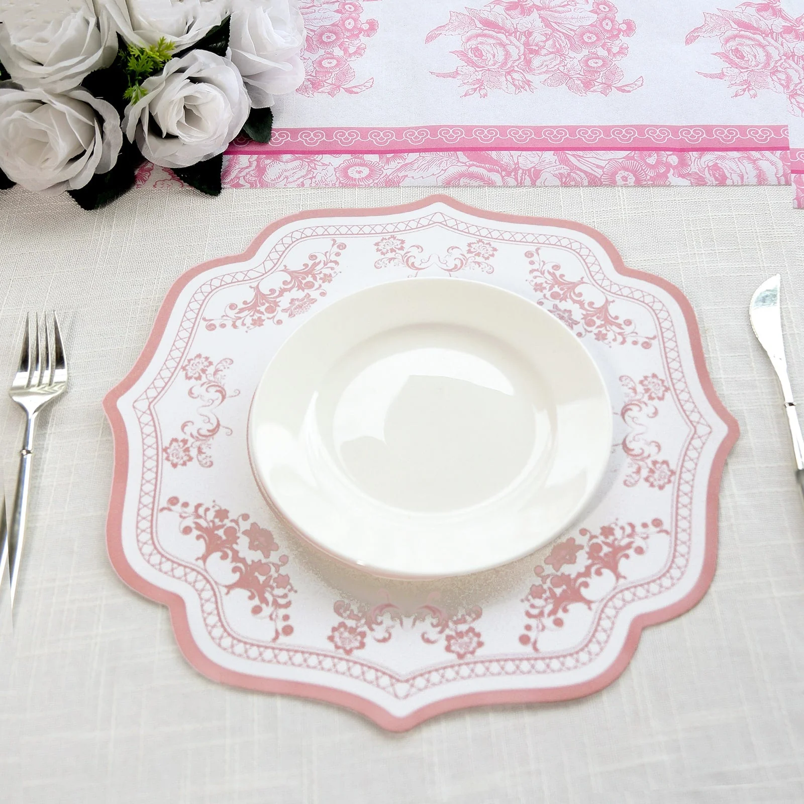 10-Pack Disposable Table Placemats 13" White with Pink Damask Floral Pattern & Scalloped Rim - 400GSM Cardboard Placemats for Classy Events - Image 2