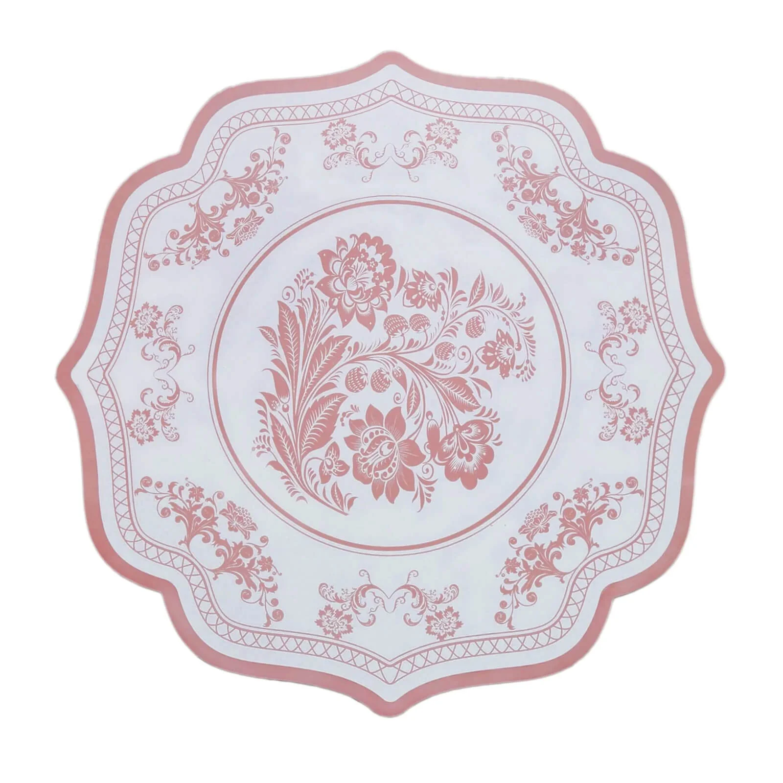 10-Pack Disposable Table Placemats 13" White with Pink Damask Floral Pattern & Scalloped Rim - 400GSM Cardboard Placemats for Classy Events - Image 7