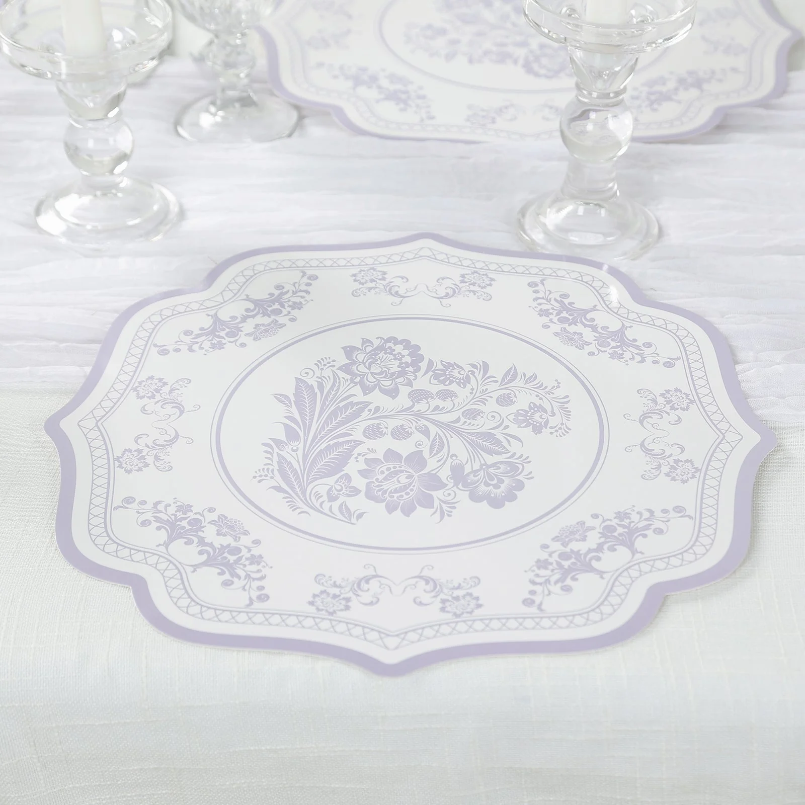 10-Pack Disposable Table Placemats 13" White with Lavender Damask Floral Pattern & Scalloped Rim - 400GSM Cardboard Placemats for Classy Events - Image 6