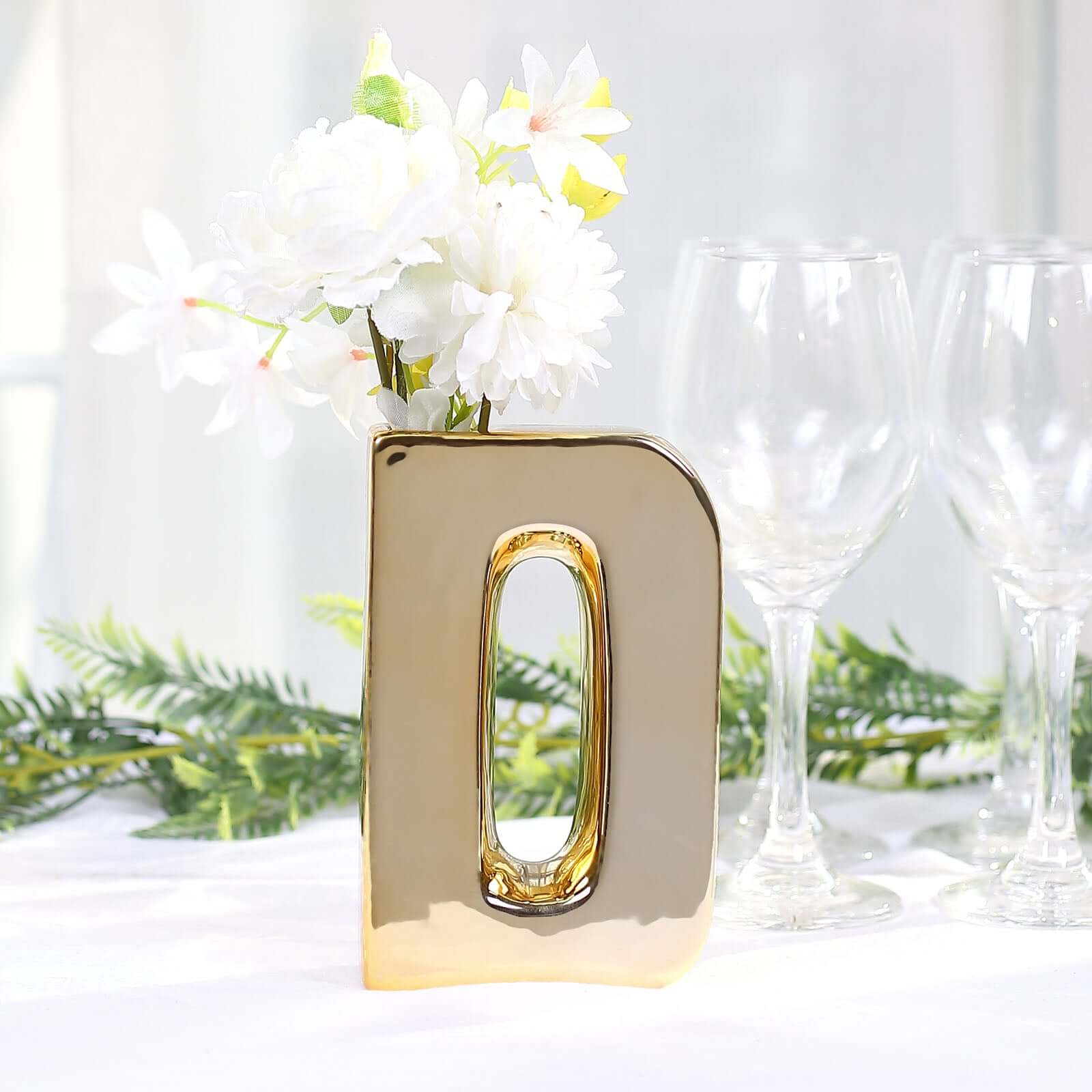 Ceramic Letter "D" Vase Shiny Gold Plated 6" - Stylish Bud Planter Pot for Table Centerpieces
