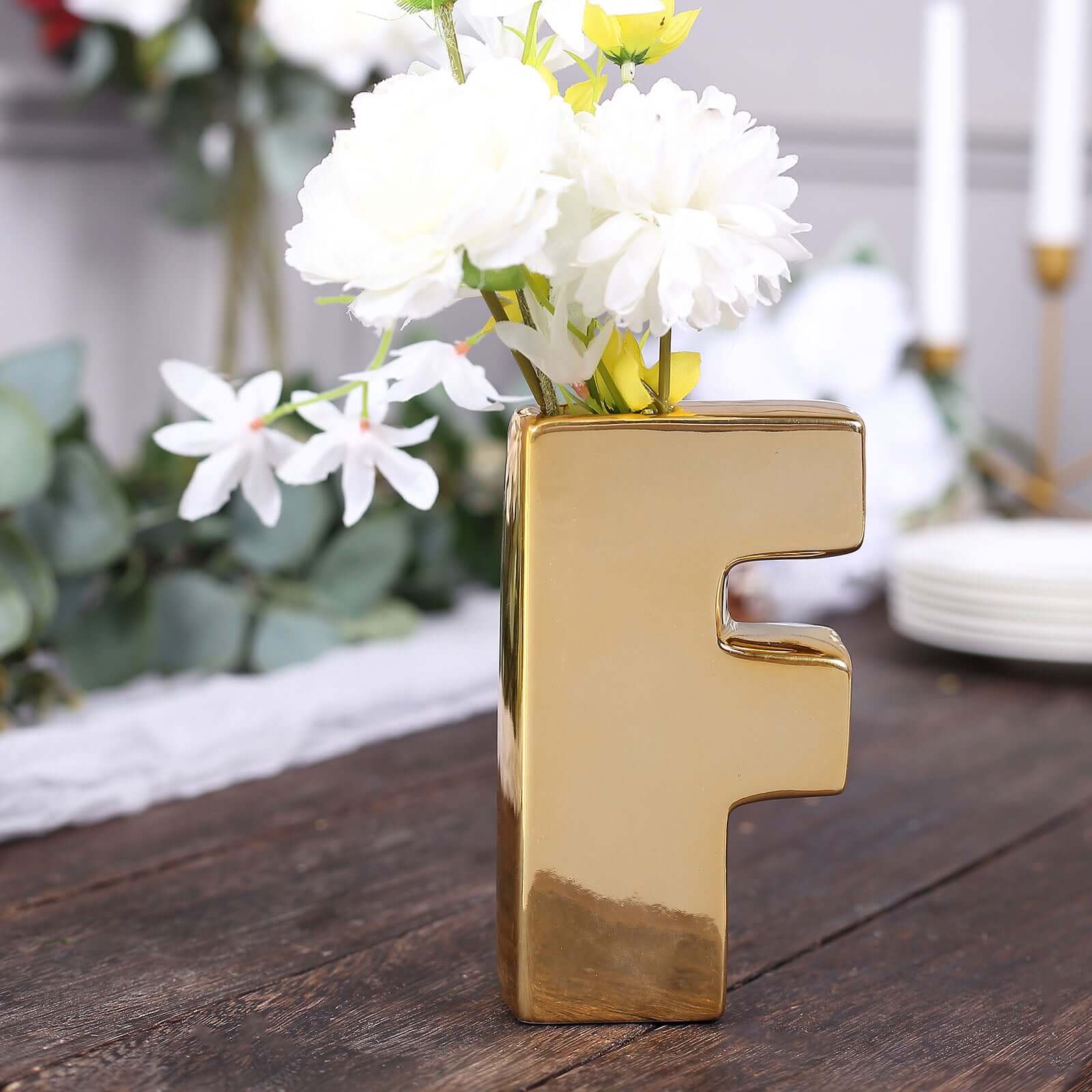 Ceramic Letter "F" Vase Shiny Gold Plated 6" - Stylish Bud Planter Pot for Table Centerpieces - Image 7