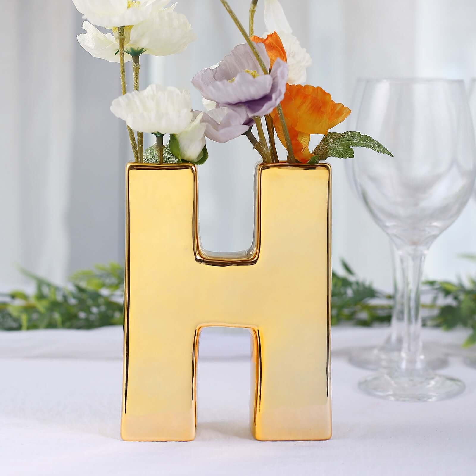 Ceramic Letter "H" Vase Shiny Gold Plated 6" - Stylish Bud Planter Pot for Table Centerpieces