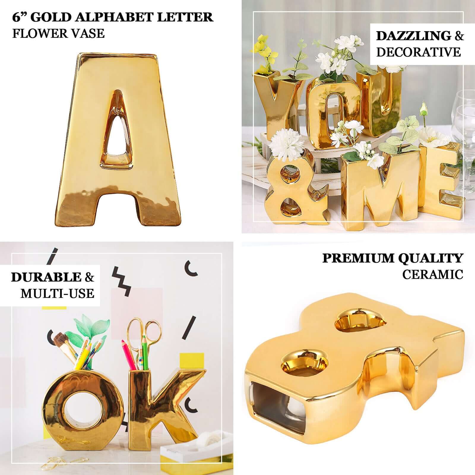 Ceramic Letter "L" Vase Shiny Gold Plated 6" - Stylish Bud Planter Pot for Table Centerpieces - Image 4