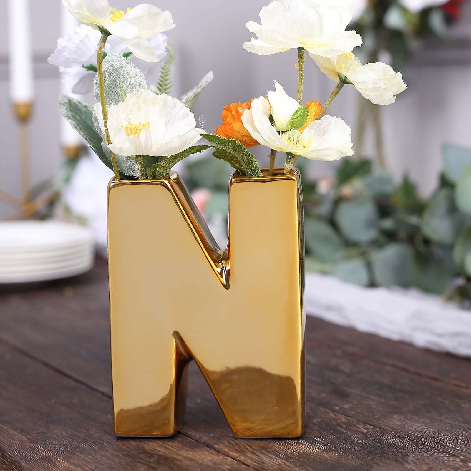 Ceramic Letter "N" Vase Shiny Gold Plated 6" - Stylish Bud Planter Pot for Table Centerpieces - Image 7