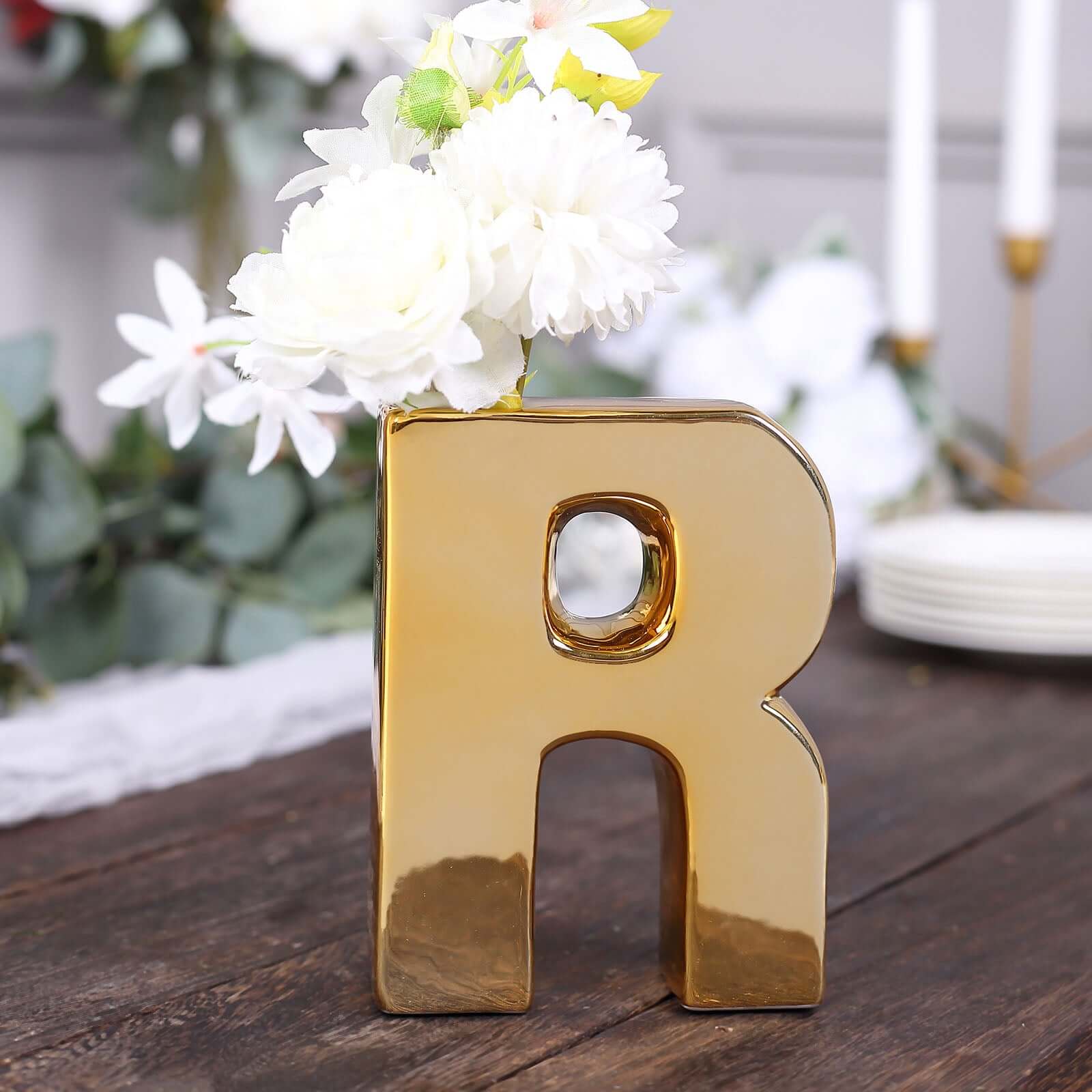 Ceramic Letter "R" Vase Shiny Gold Plated 6" - Stylish Bud Planter Pot for Table Centerpieces - Image 7