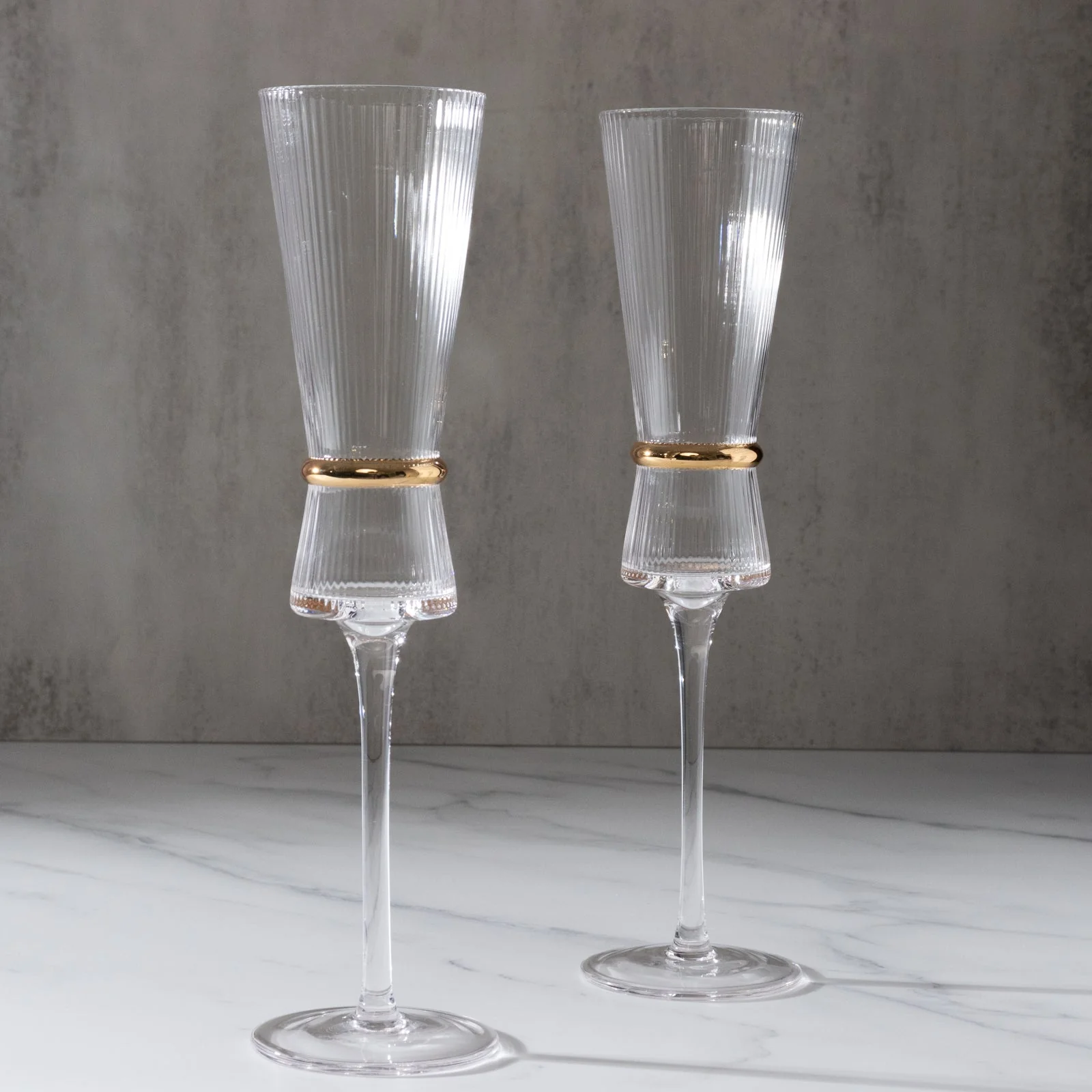 6-Pack Champagne Flutes – 6oz Real Glass, Clear Ribbed Stemware with Gold Ring Accent, Elegant Toasting Glasses for Weddings, Parties & Celebrations – 10" Tall - Image 2