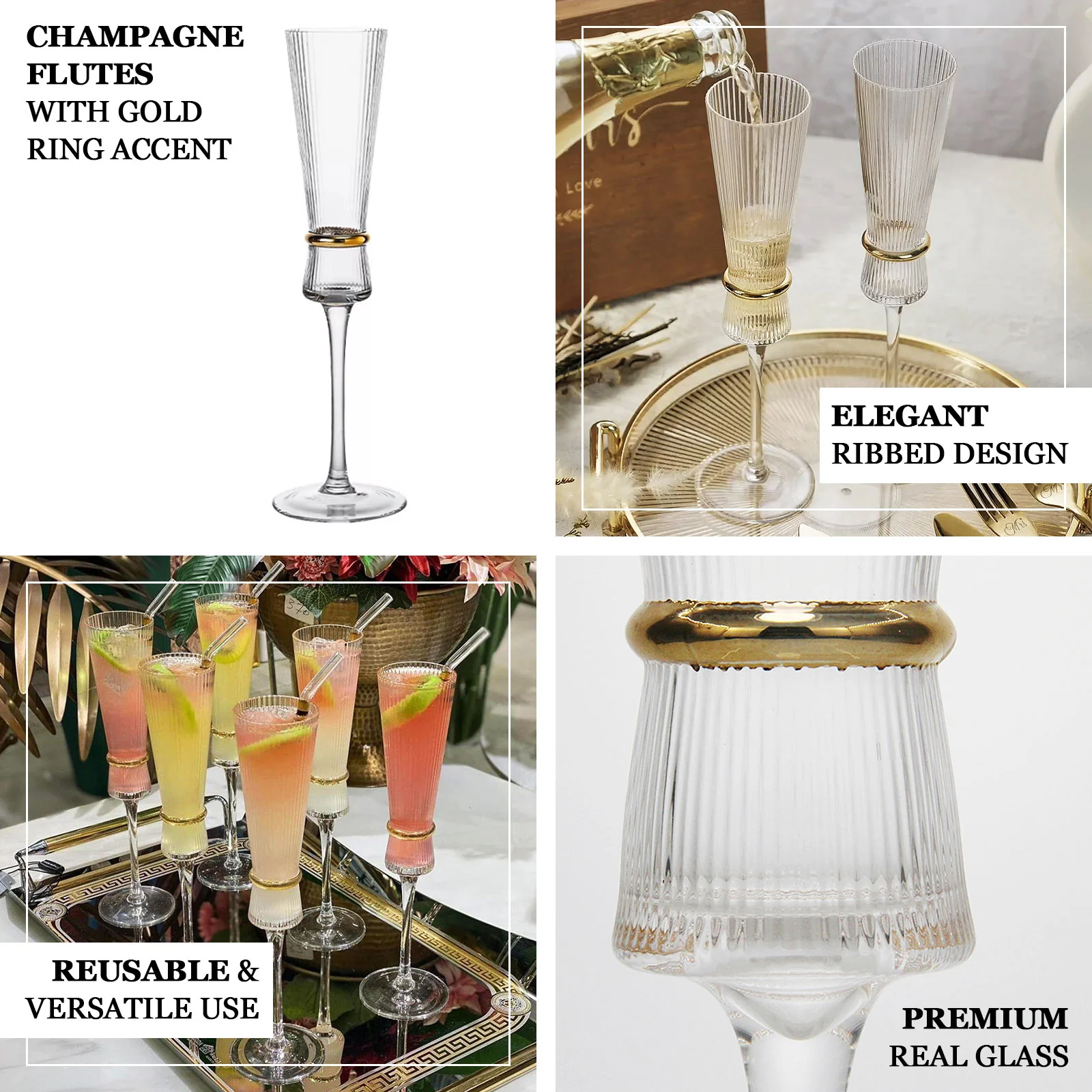 6-Pack Champagne Flutes – 6oz Real Glass, Clear Ribbed Stemware with Gold Ring Accent, Elegant Toasting Glasses for Weddings, Parties & Celebrations – 10" Tall - Image 4