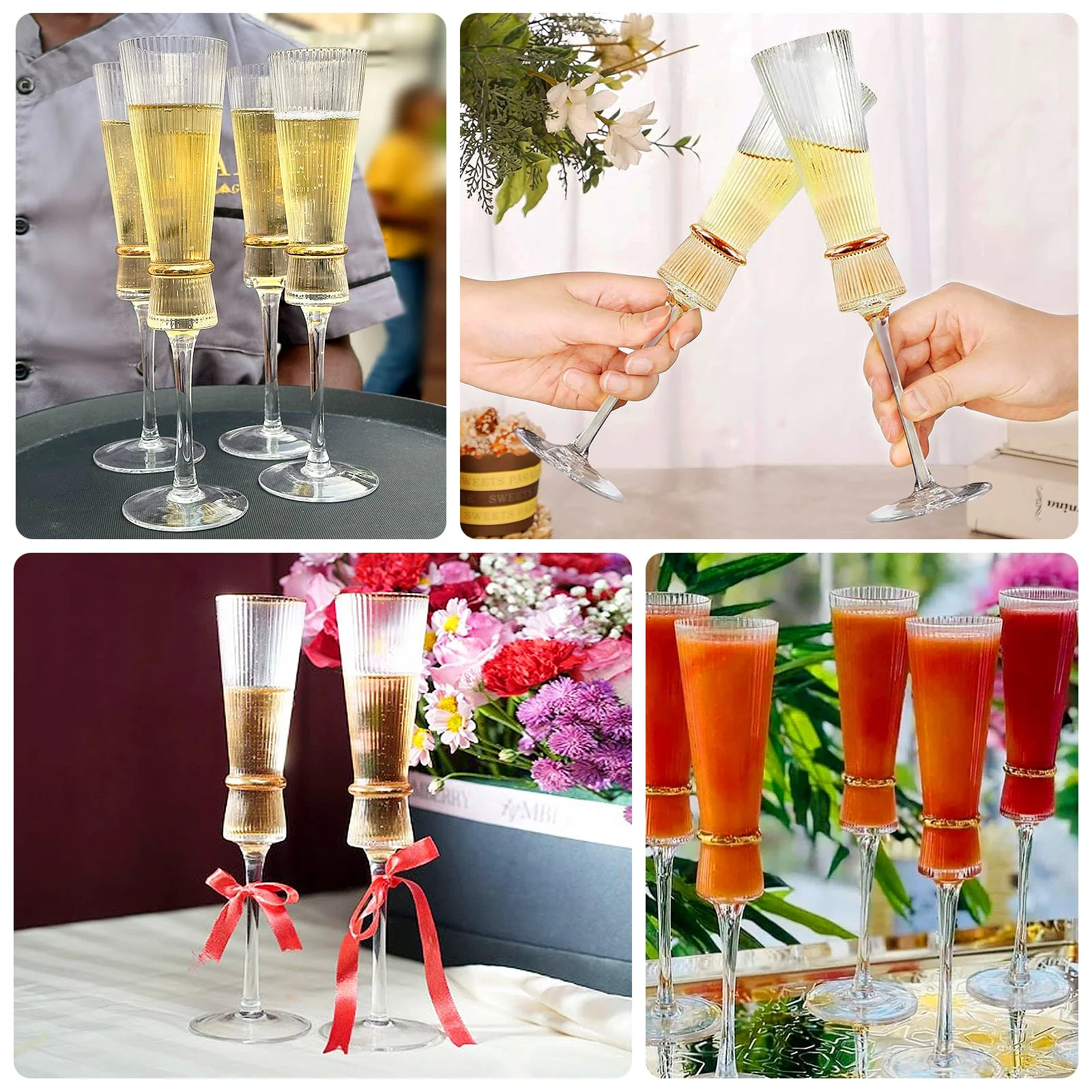 6-Pack Champagne Flutes – 6oz Real Glass, Clear Ribbed Stemware with Gold Ring Accent, Elegant Toasting Glasses for Weddings, Parties & Celebrations – 10" Tall - Image 5