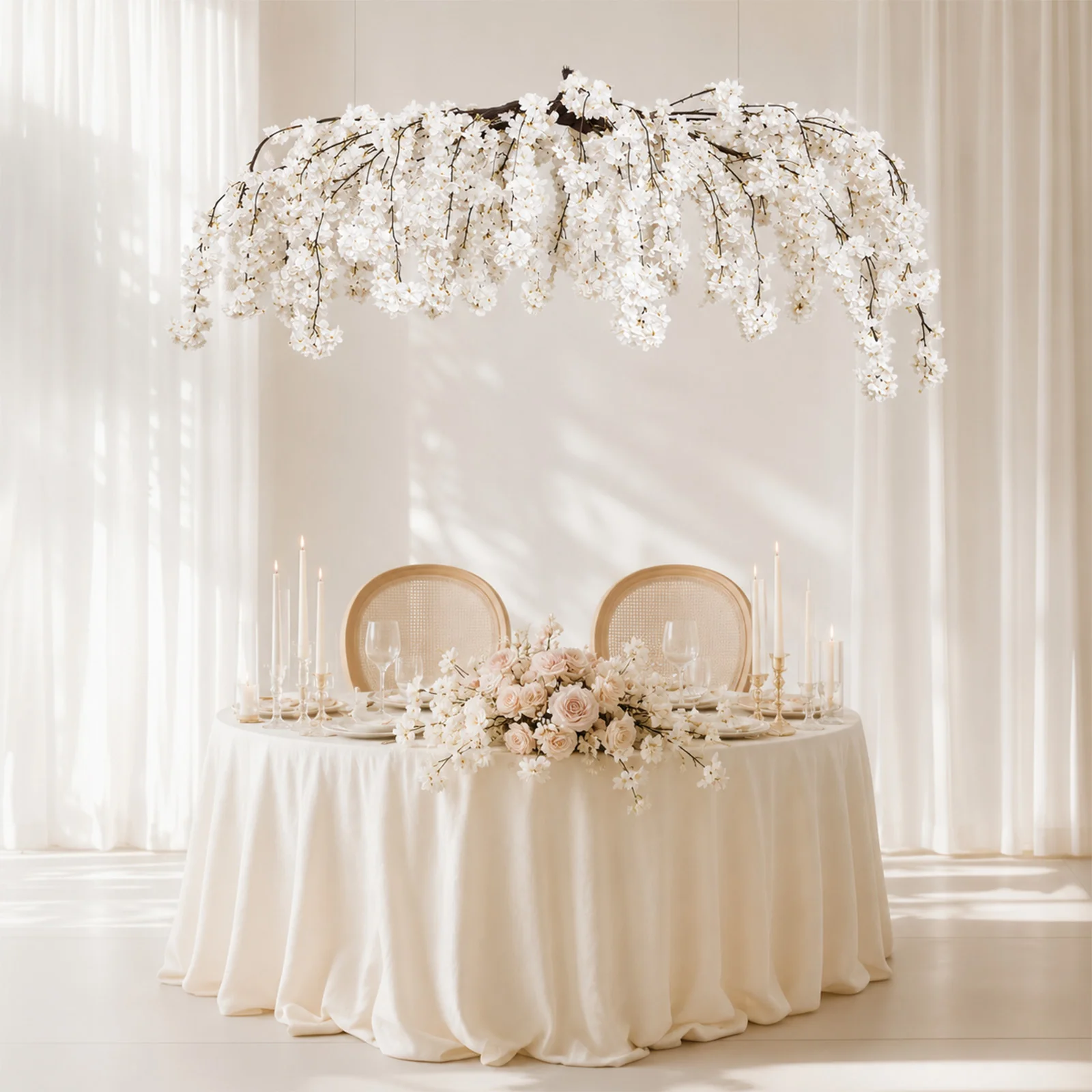 Cherry Blossom Floral Chandelier 60" White – Hanging Artificial Silk Flower Ceiling Canopy with Interchangeable Branches