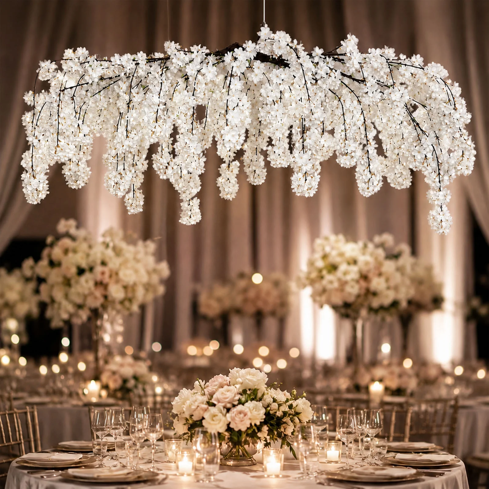 Cherry Blossom Floral Chandelier 60" White – Hanging Artificial Silk Flower Ceiling Canopy with Interchangeable Branches - Image 3