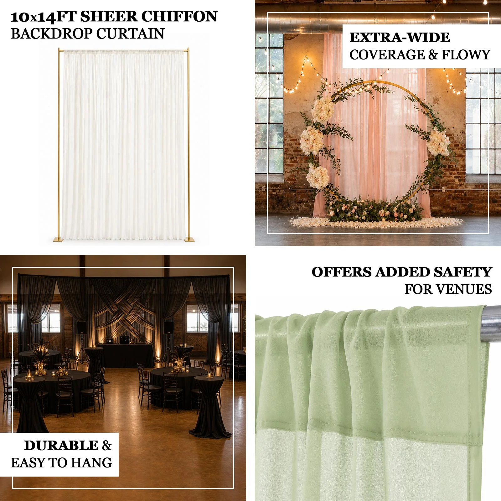 Chiffon Backdrop Curtain Panel 10ft x 14ft – Black Durable Flame Resistant Sheer Draping Fabric with Rod Pocket - Image 4