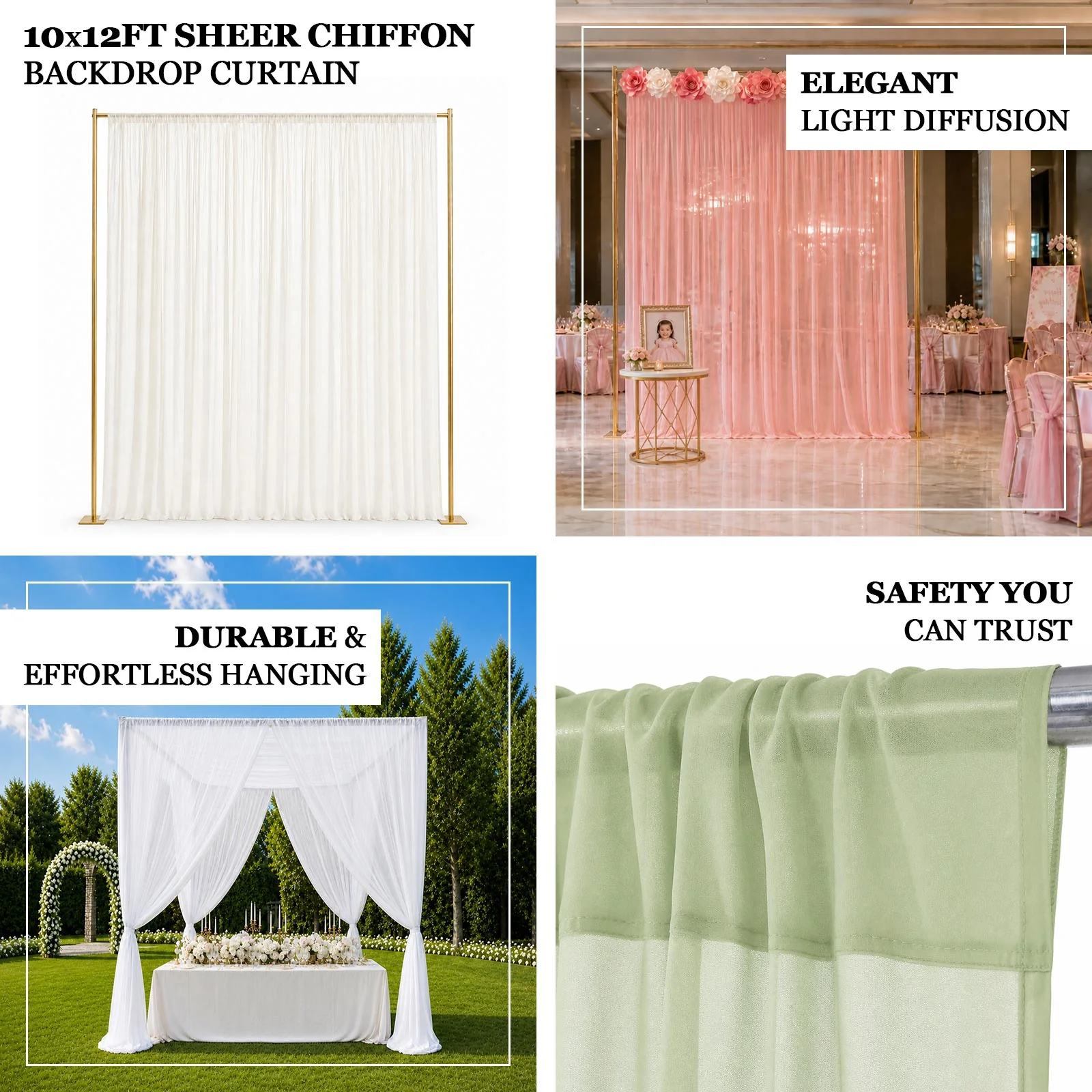 Chiffon Backdrop Curtain Panel 10ft x 12ft – Black Durable Flame Resistant Sheer Draping Fabric with Rod Pocket - Image 4