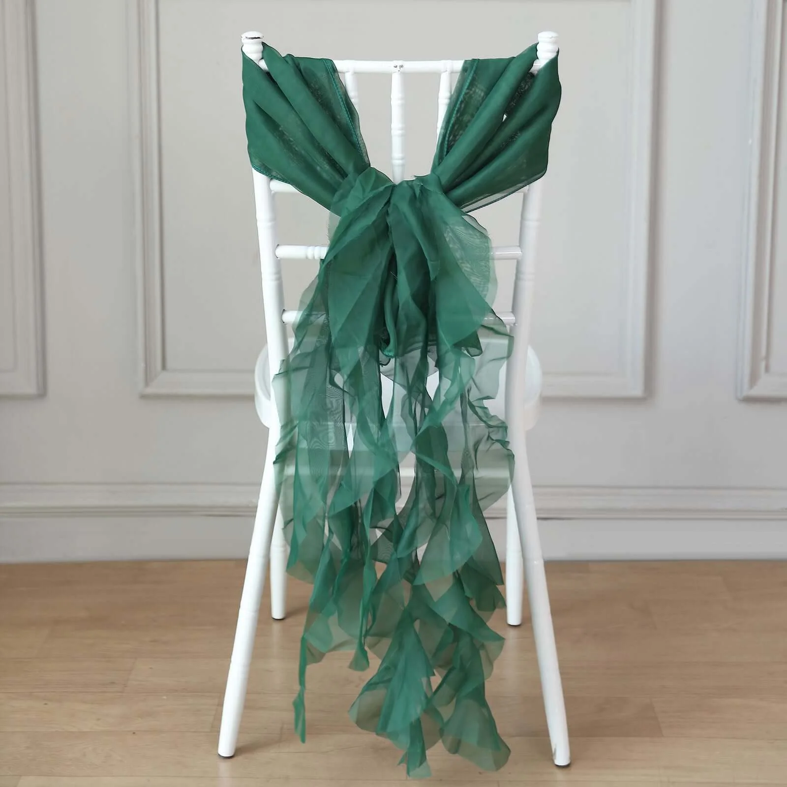 Chiffon Curly Chair Sash 32" Long – Hunter Emerald Green 6-Strand Ribbon Tie