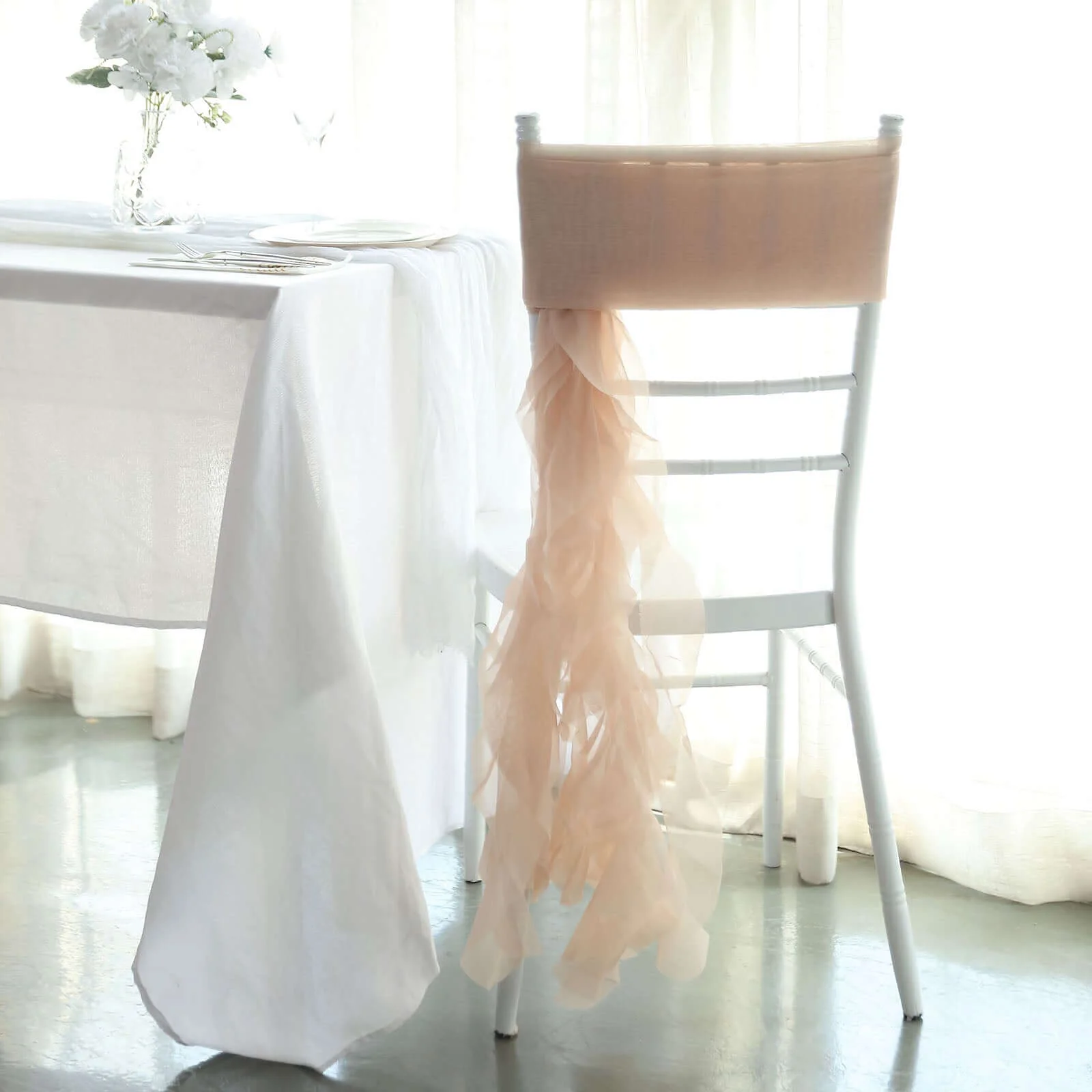 Chiffon Curly Chair Sash 32" Long – Nude 6-Strand Ribbon Tie - Image 3