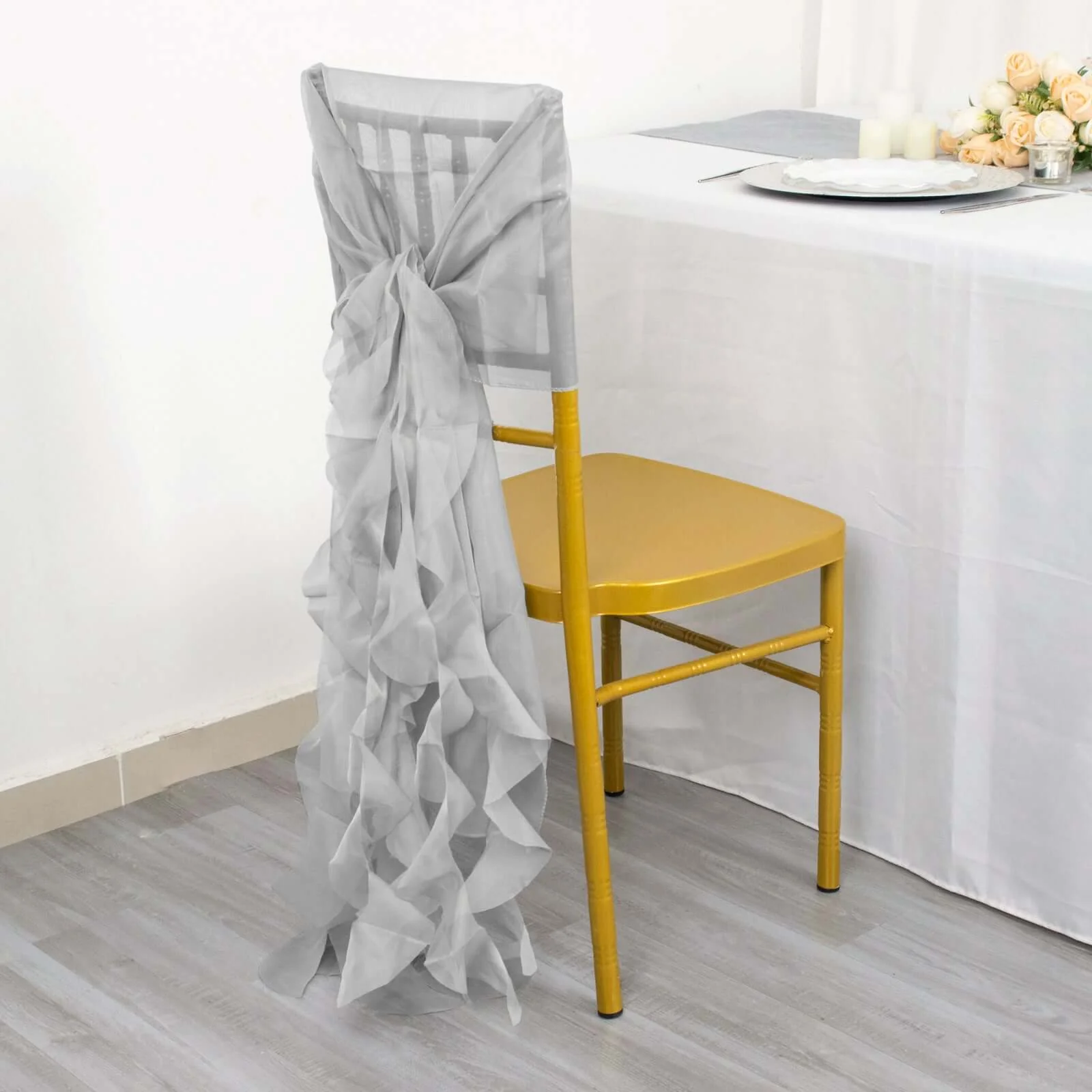 Chiffon Curly Chair Sash 32" Long – Silver 6-Strand Ribbon Tie - Image 7