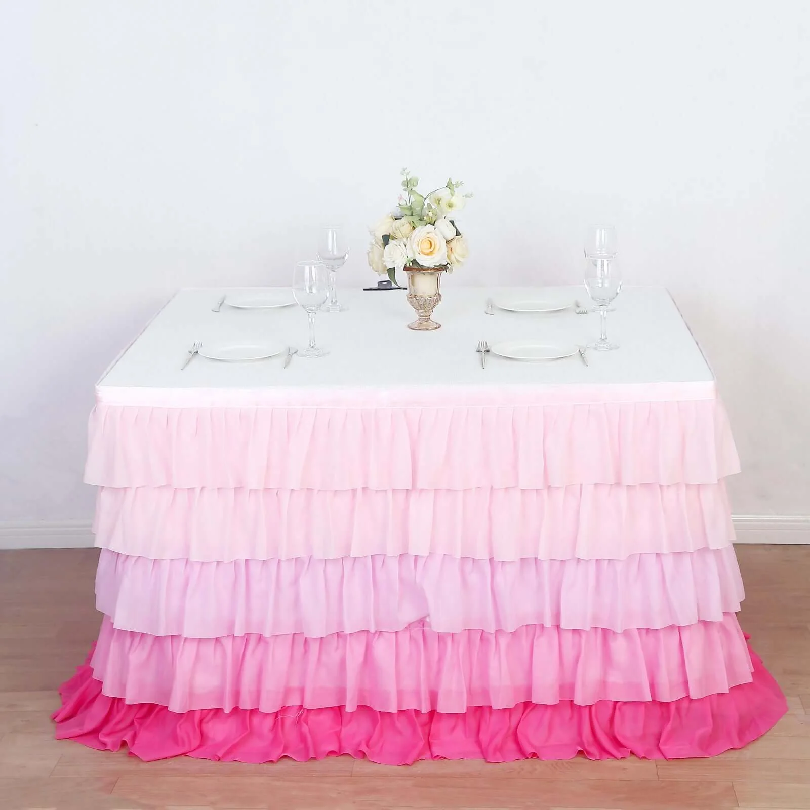 Chiffon Table Skirt 14ft Gradient Pink Ruffled Tutu - 5-Tier Ombre Table Cover with Satin Backing