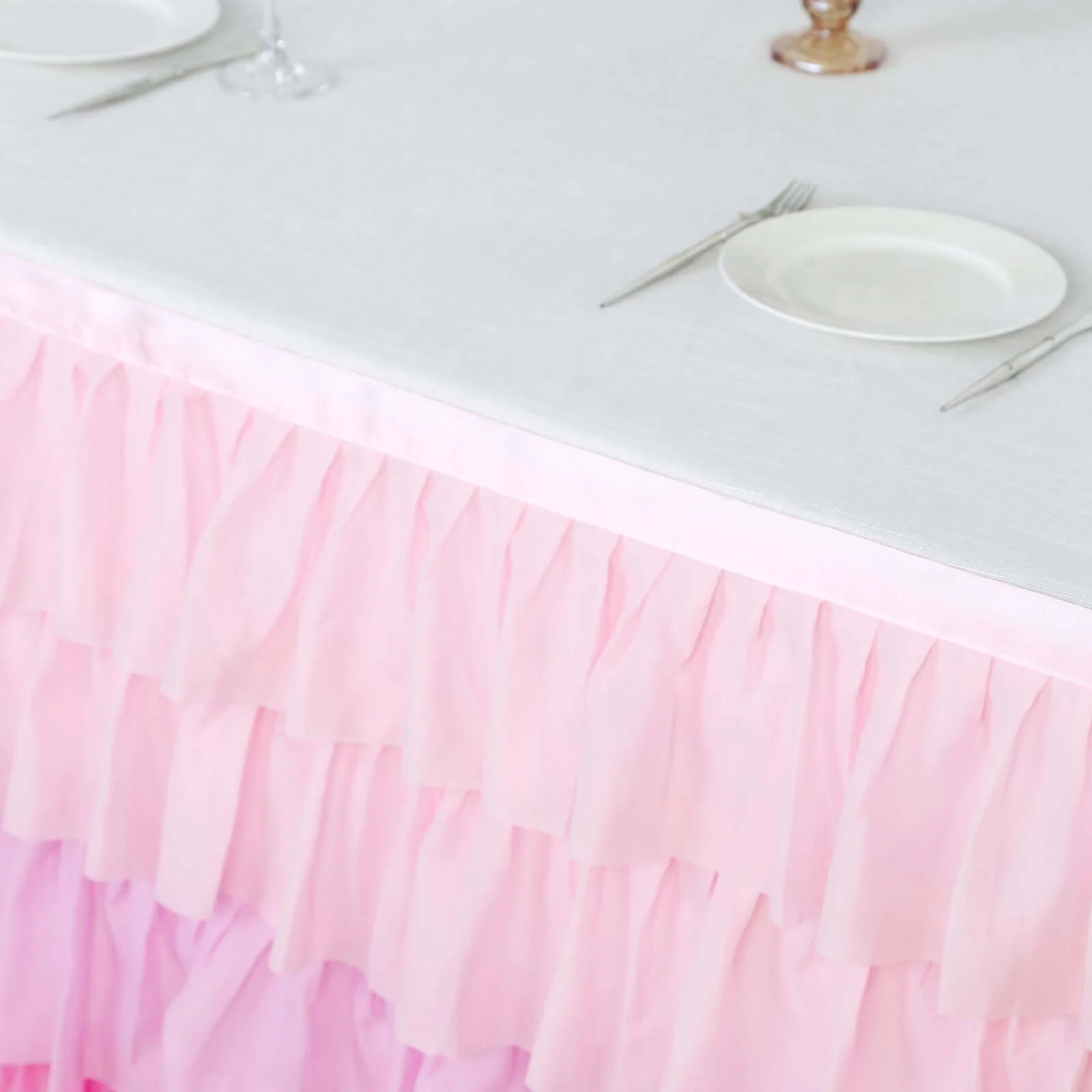 Chiffon Table Skirt 14ft Gradient Pink Ruffled Tutu - 5-Tier Ombre Table Cover with Satin Backing - Image 6