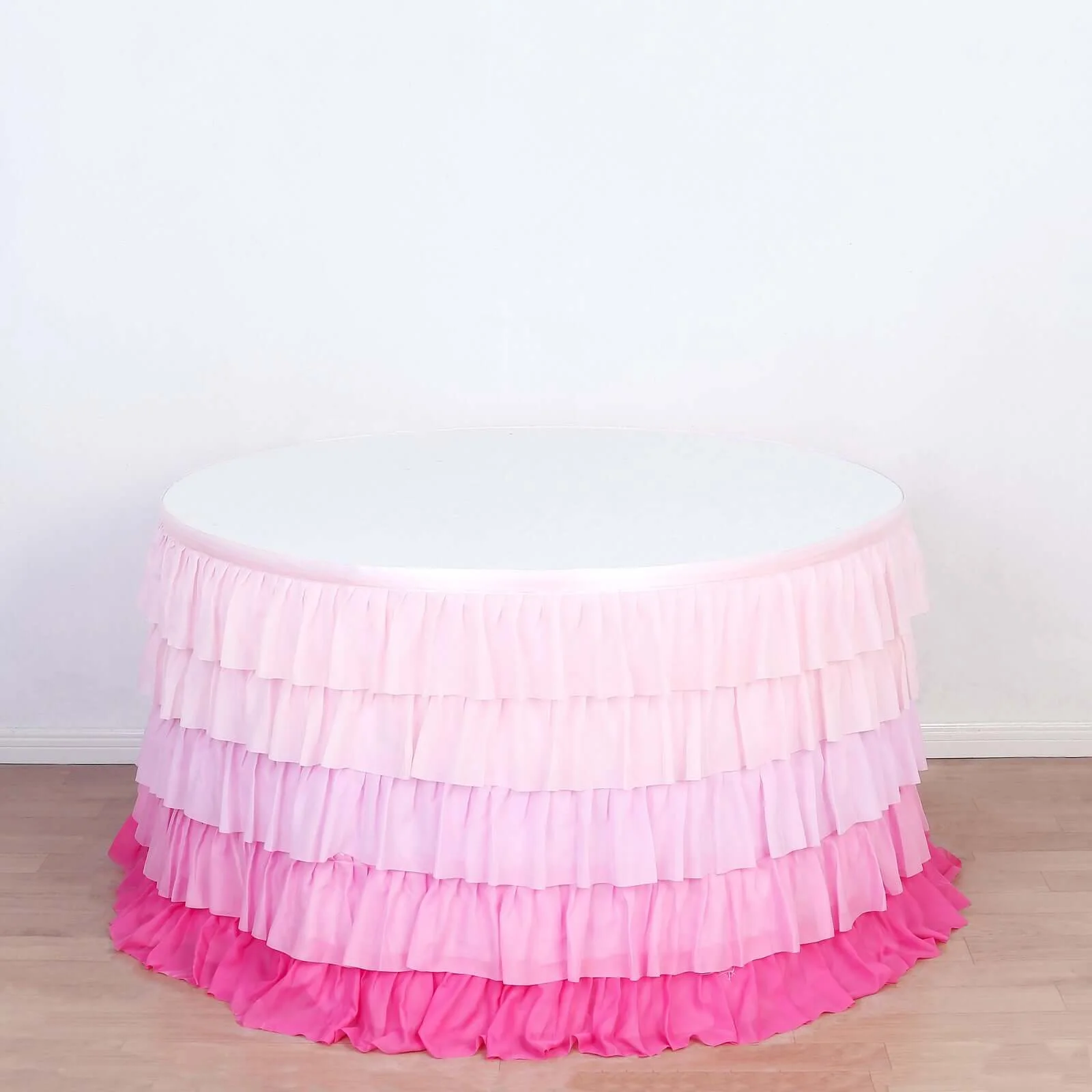 Chiffon Table Skirt 14ft Gradient Pink Ruffled Tutu - 5-Tier Ombre Table Cover with Satin Backing - Image 7