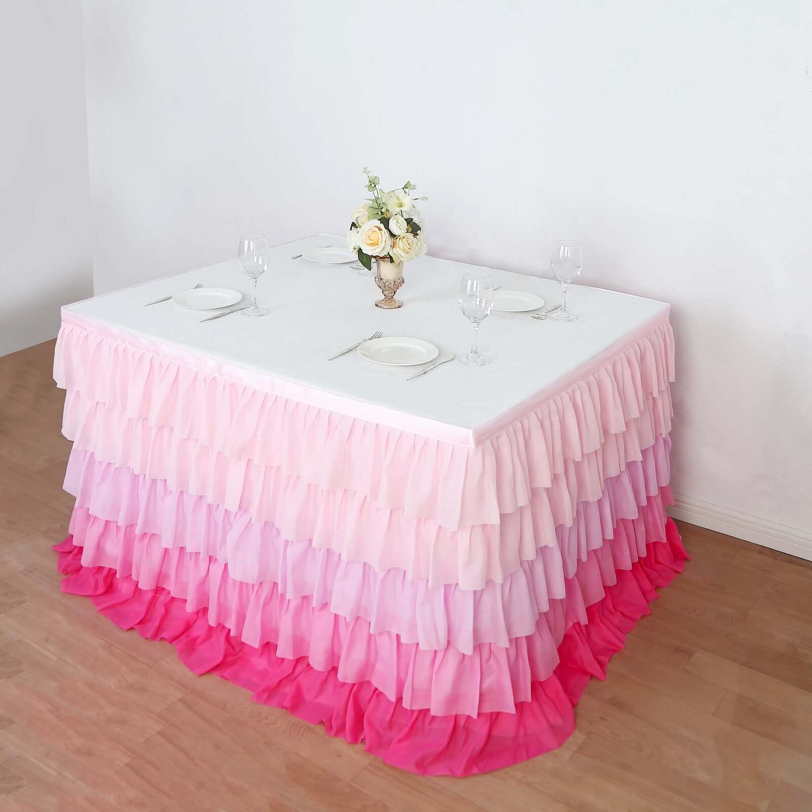 Chiffon Table Skirt 14ft Gradient Pink Ruffled Tutu - 5-Tier Ombre Table Cover with Satin Backing - Image 8