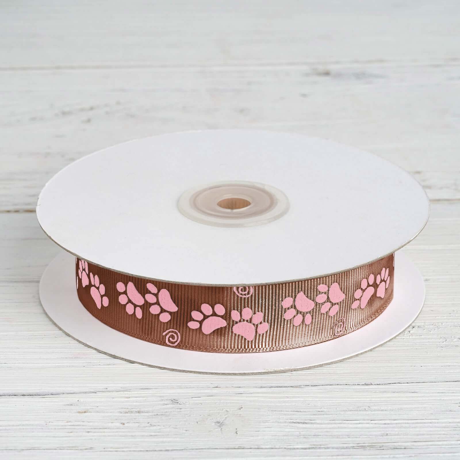 Chocolate Brown Pink Paw Print Satin Ribbon 25 Yards 7/8" - Image 2