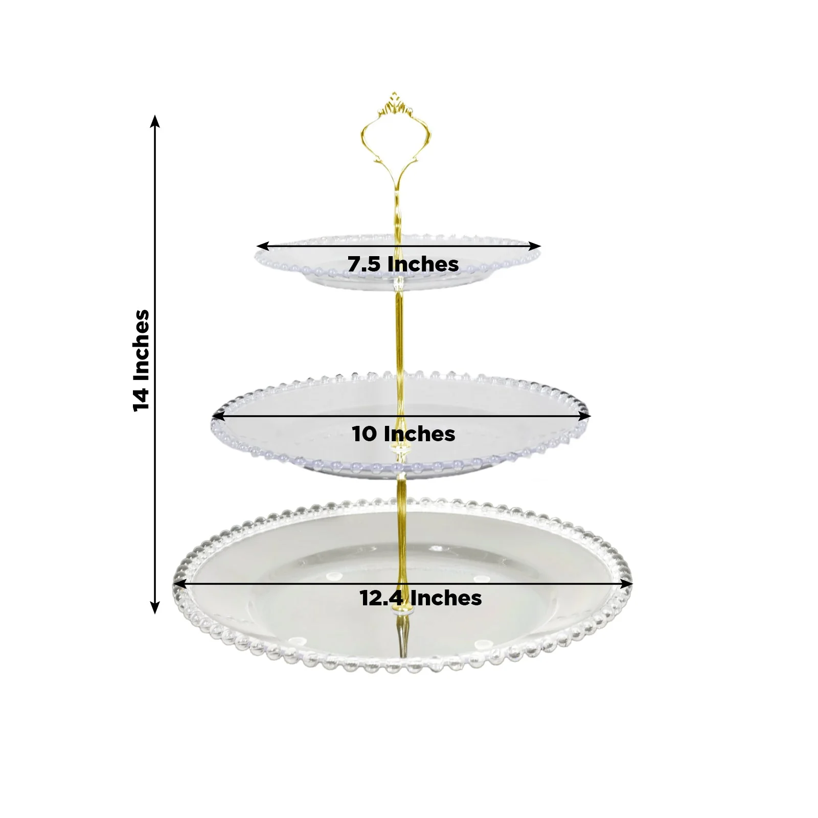 Clear 3-Tier Round Plastic Cupcake Tower Stand with Beaded Rim, Dessert Display Tea Party Serving Platter With Top Handle - 14" Tall - Image 2