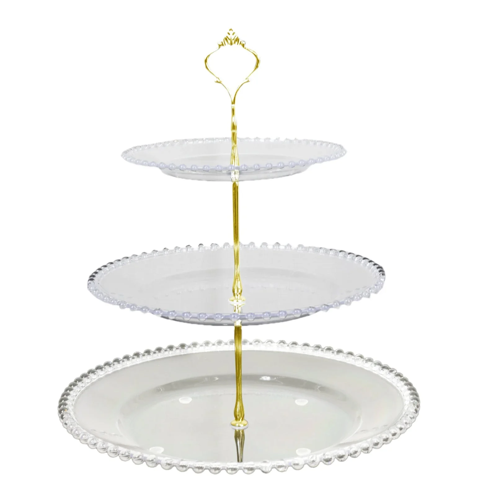 Clear 3-Tier Round Plastic Cupcake Tower Stand with Beaded Rim, Dessert Display Tea Party Serving Platter With Top Handle - 14" Tall - Image 5