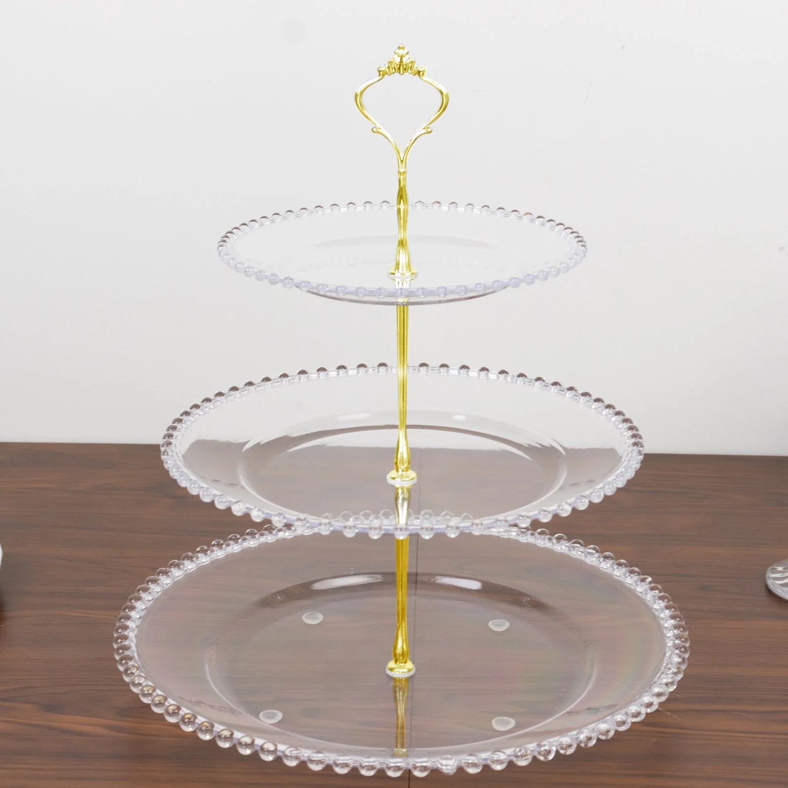 Clear 3-Tier Round Plastic Cupcake Tower Stand with Beaded Rim, Dessert Display Tea Party Serving Platter With Top Handle - 14" Tall - Image 6