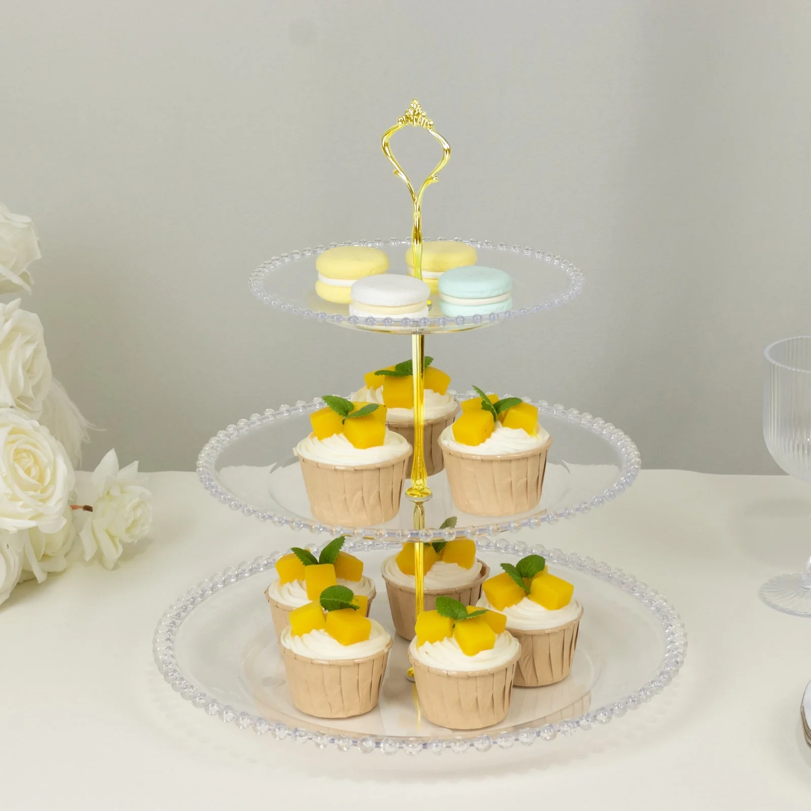 Clear 3-Tier Round Plastic Cupcake Tower Stand with Beaded Rim, Dessert Display Tea Party Serving Platter With Top Handle - 14" Tall - Image 7
