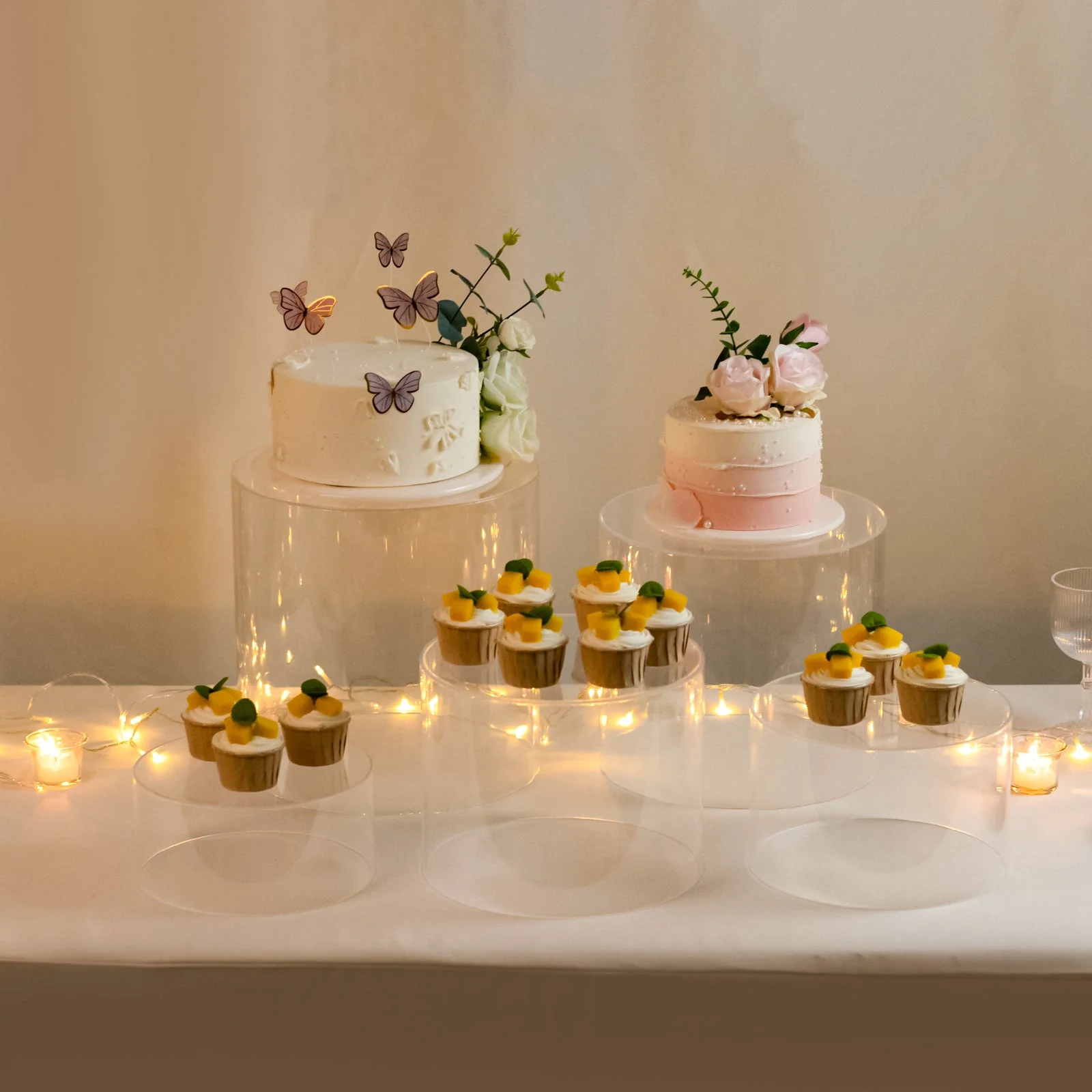 Set of 5 Acrylic Cake Stands 8.5", 9", 10", 11", 12" Round Cylinder Design Clear - Display Risers for Weddings
