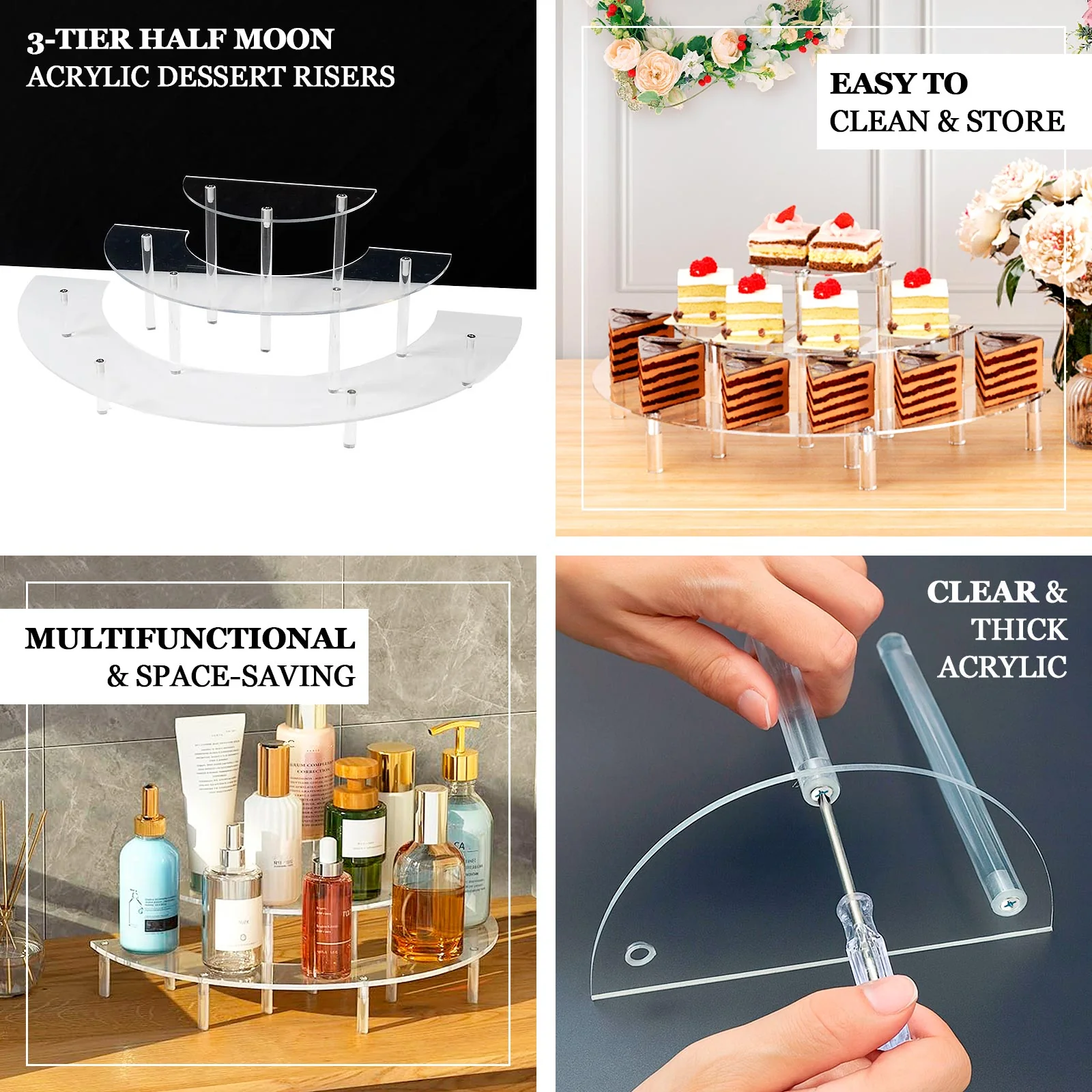 Set of 3 Acrylic Dessert Display Pedestal Stands – 3-Tier Clear Half-Moon Riser Stand for Cupcakes, Perfumes & Figurines - 7",13",18" - Image 4